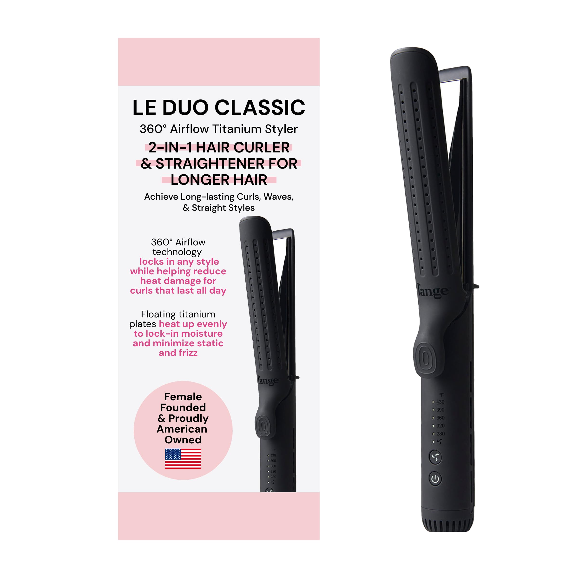 L'ANGE HAIR Le Duo Grande 360° Airflow Styler | Curl & Straighten with One Tool | 5.3" Snag-Free Titanium Plates | Cooling Air Vents to Set Curls | Adjustable Temp & Auto Shut-Off | Blush