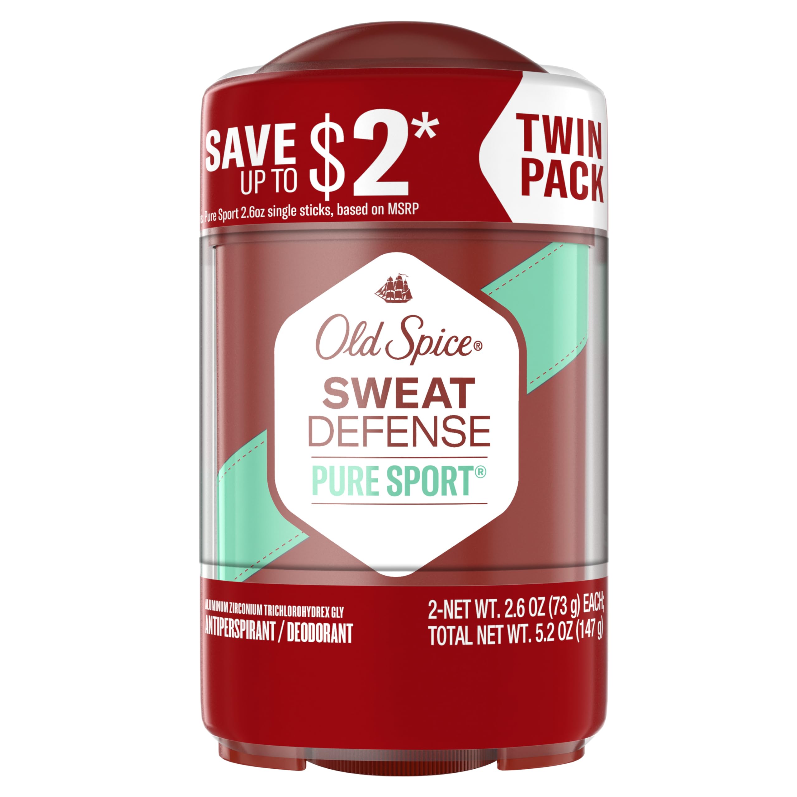 Old Spice Antiperspirant and Deodorant for Men, 24/7 Sweat and Odor Protection, Legendary Fragrance, Sweat Defense, Pure Sport Plus, 2.6 oz Twin Pack