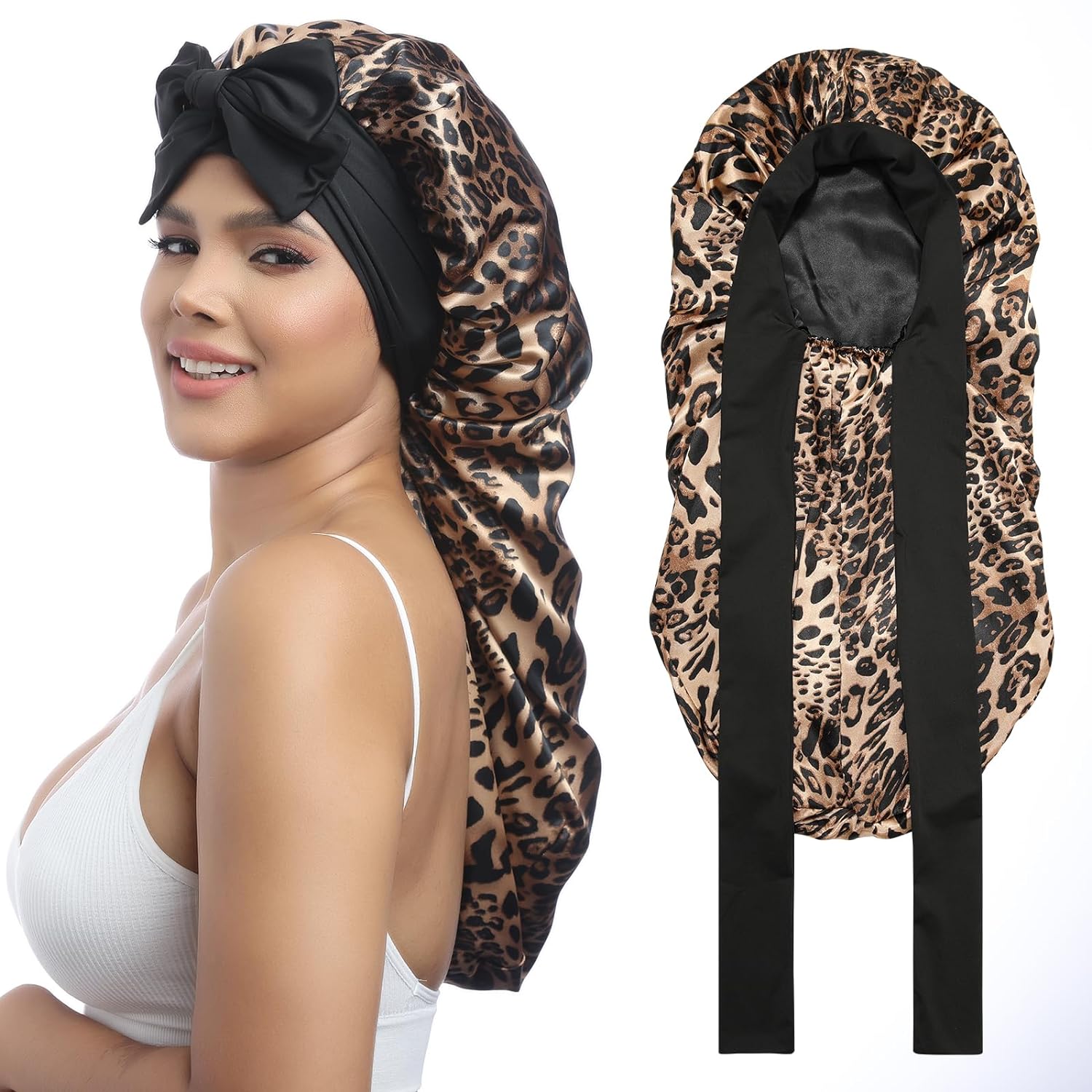 Buy now AWAYTR Long Satin Bonnet for Women - Double Layer Elastic Silk Bonnet for Braids Hair Sleeping Cap with Tie Band (Rose Gold) One Size Leopard at indiglob india