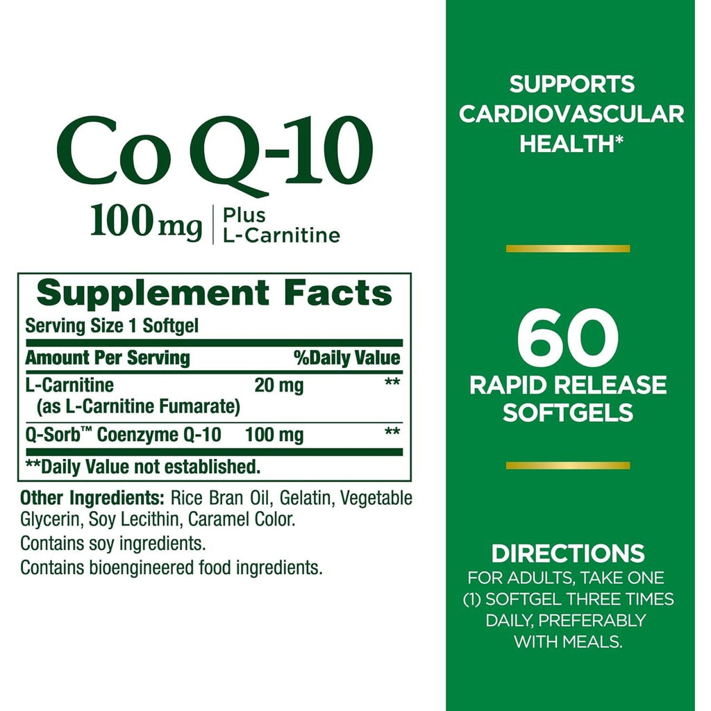 Buy now Nature's Bounty CoQ10, Supports Heart Health, 100mg Plus L-Carnitine, 60 Softgels at indiglob india