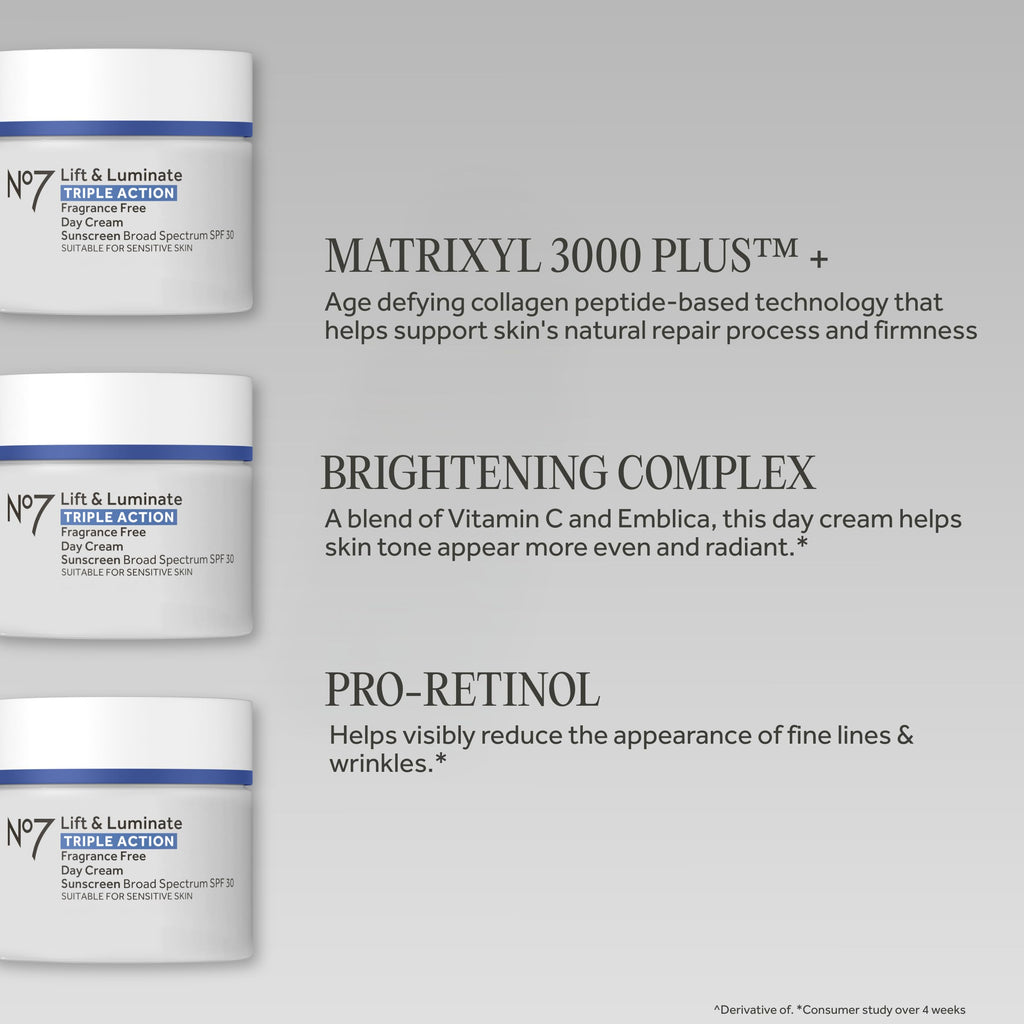 No7 Lift & Luminate Triple Action Face Cream with SPF 30, 1.69 oz | Fragrance Free Moisturizer, Anti Aging Collagen Peptides, Brightening Complex, Evens Skin Tone, Wrinkles Appear Reduced