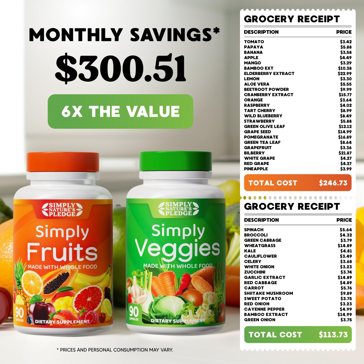 Simply Nature's Pledge Fruits & Vegetables Supplement, 360 Capsules, 4-Pack | Whole Food Superfoods, Fruits & Veggies, Energy, Immune & Digestive Support, Vegan, Gluten free, Soy Free, Third-Party Tested