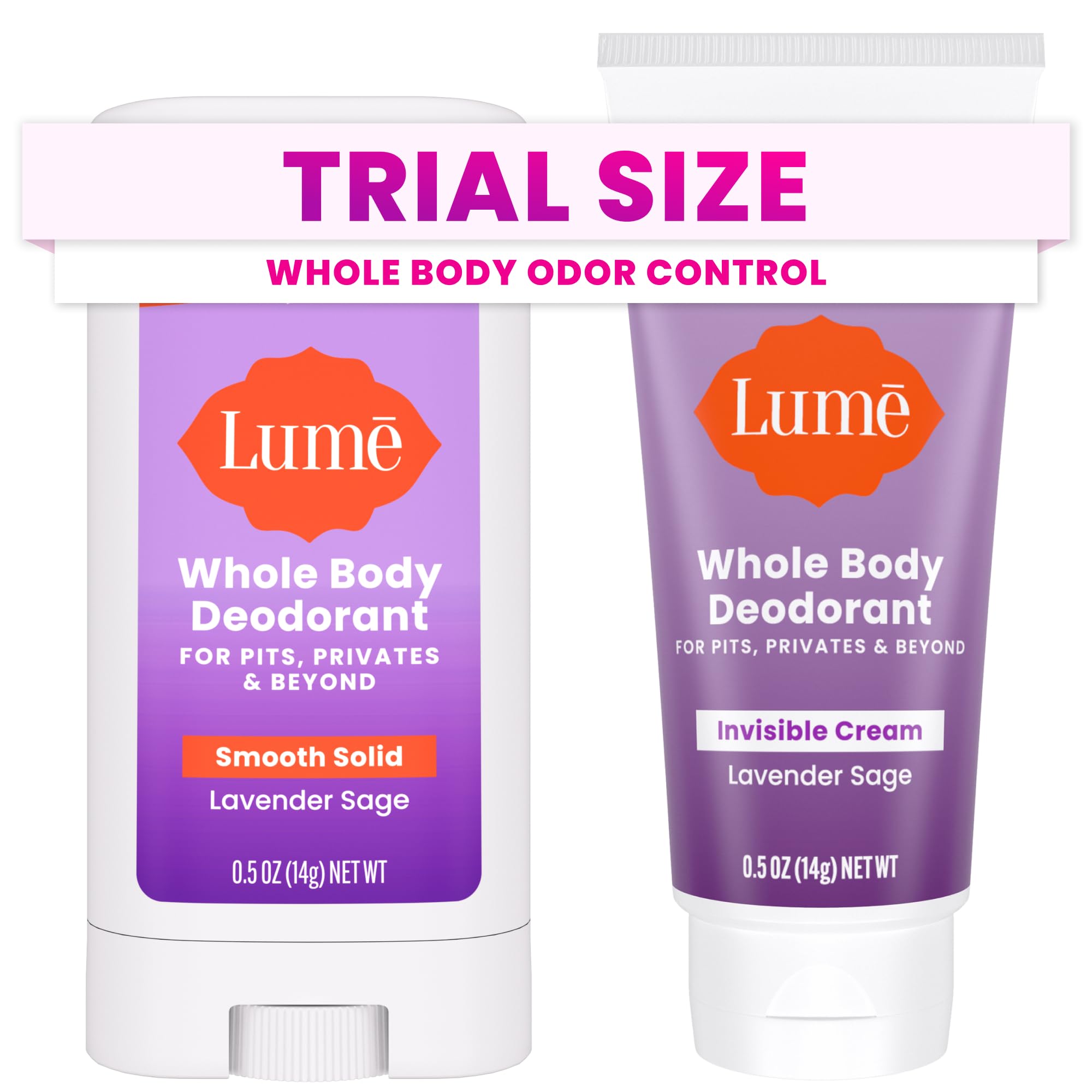 Lume Whole Body Deodorant - Cream + Solid Stick Mini Bundle 0.5oz Tangerine | 72 Hour Odor Control Aluminum Free Baking Soda Travel Trial Size Minis deodorant lotion women