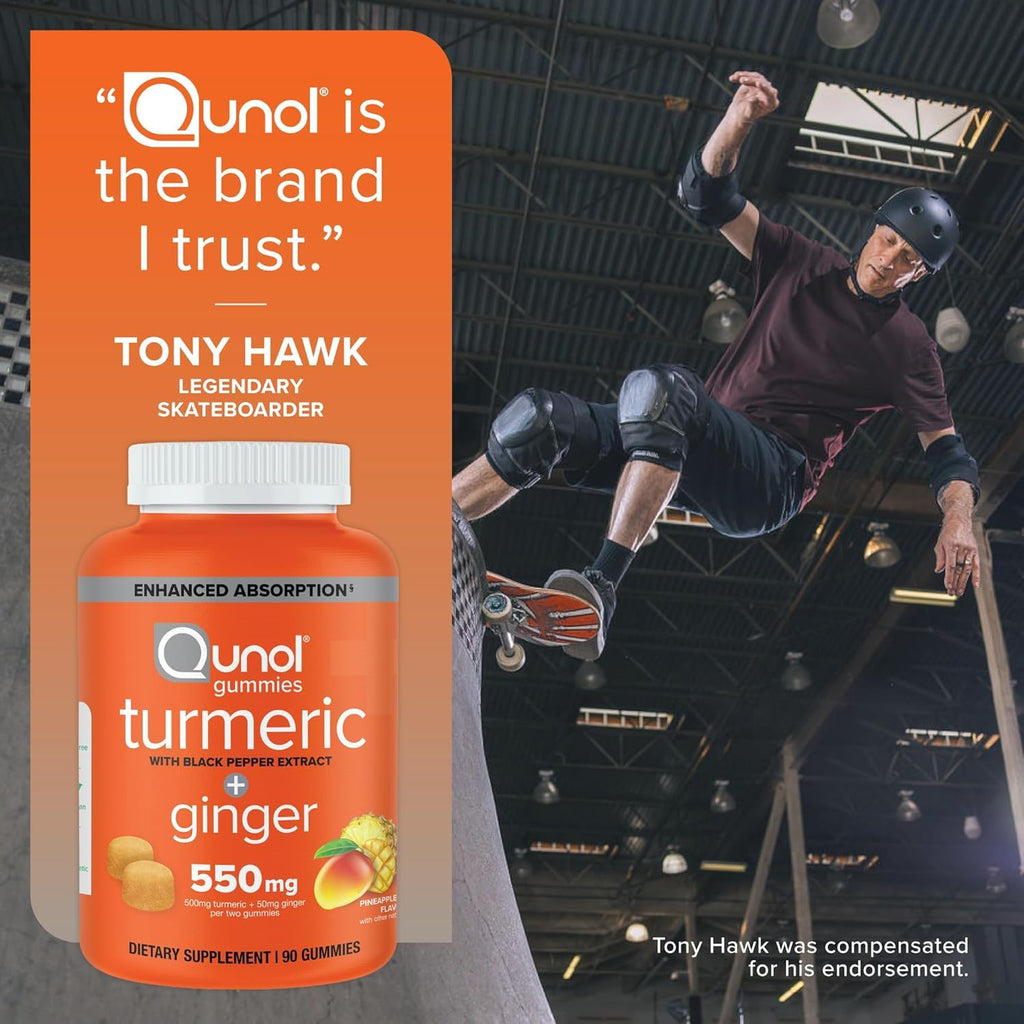 Qunol Turmeric + Black Pepper & Ginger Gummy 550mg Enhanced Absorption 90ct | Gluten Free Supplement that Supports Joint Health and a Healthy Inflammation Response, Delicious Pineapple Mango Flavor