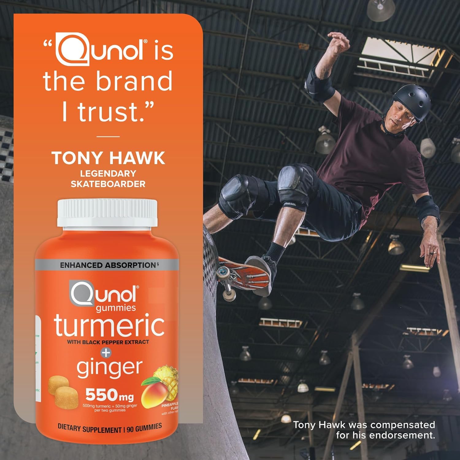 Qunol Turmeric + Black Pepper & Ginger Gummy 550mg Enhanced Absorption 90ct | Gluten Free Supplement that Supports Joint Health and a Healthy Inflammation Response, Delicious Pineapple Mango Flavor