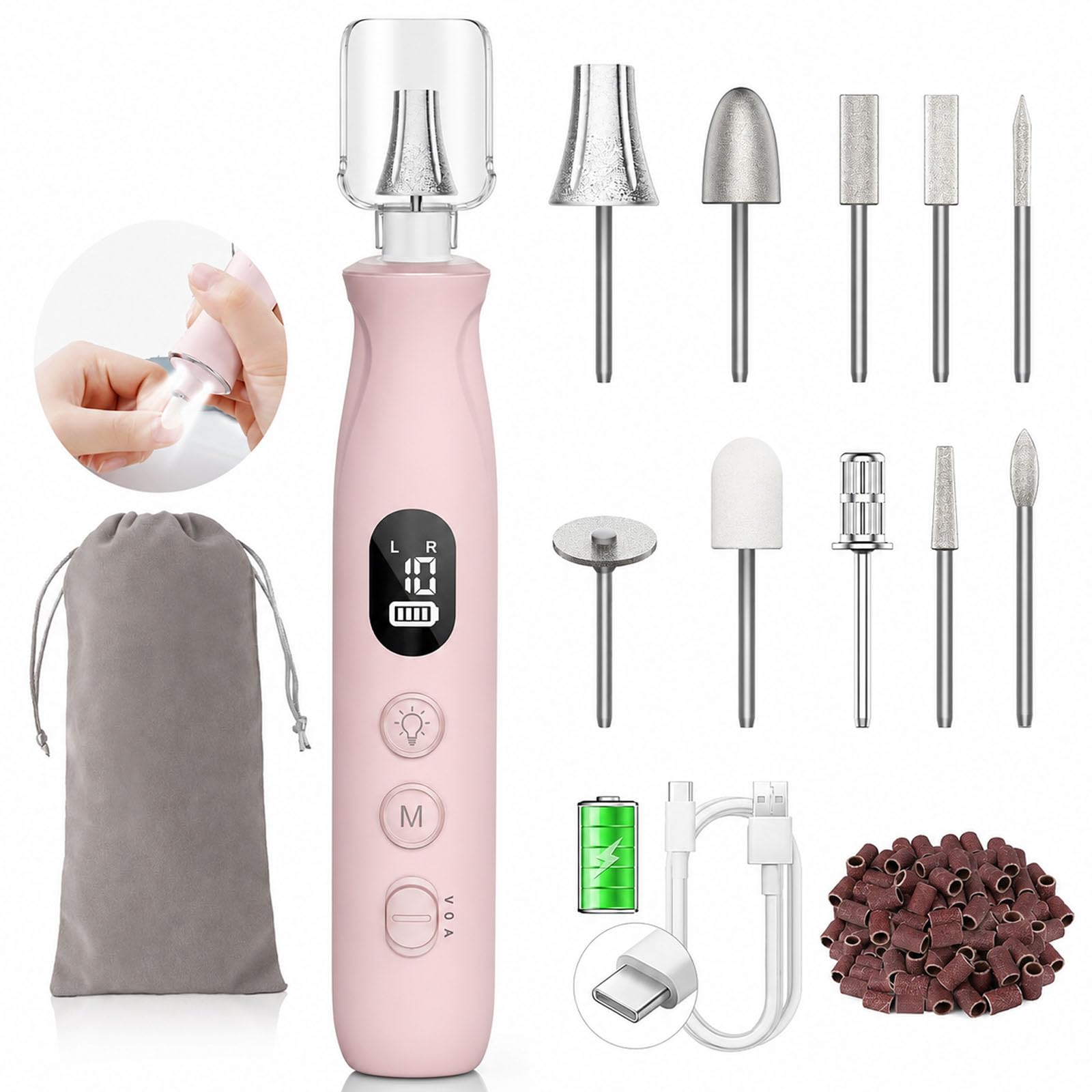 Electric Nail File Drill, Toe Nail Grinder for Thick Toenails & Callus | 10-Speed 2000mAh Cordless Rechargeable Nail Filer, 50Pcs Manicure Pedicure Kit with LED Lamp, Gifts for Women Men Seniors