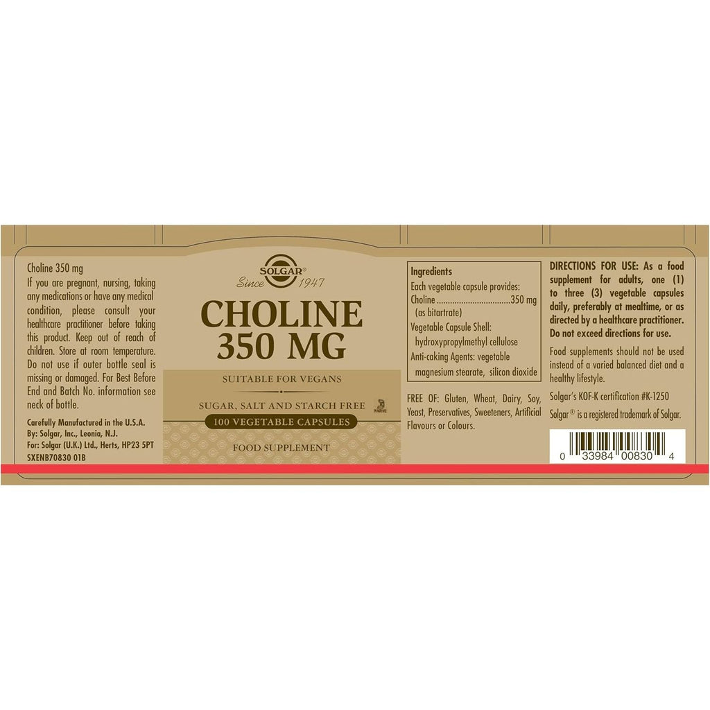 Buy now Solgar Choline 350 mg, 100 Vegetable Capsules - Supports Healthy Brain & Cellular Function - Vegan, Gluten Free, Dairy Free, Kosher - 100 Servings at indiglob india
