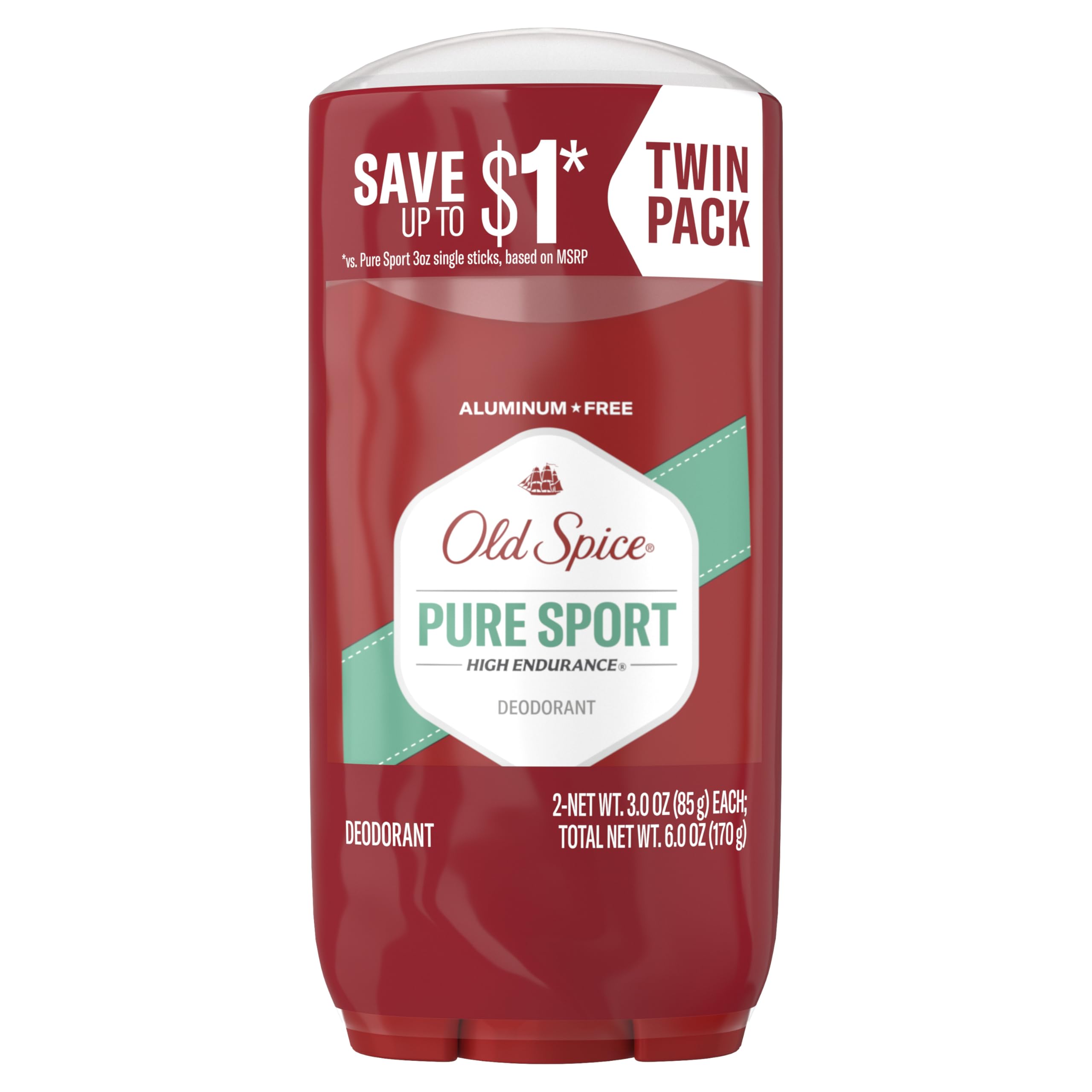Old Spice Aluminum Free Deodorant for Men, High Endurance, 24/7 Lasting Freshness & Long Lasting Scent, 24/7 Advanced Sweat & Odor Protection, Pure Sport Scent, 3.0 oz (Pack of 2)