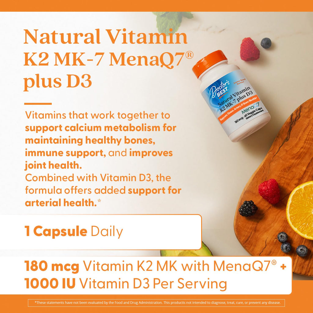 Doctor's Best Natural Vitamin K2 MK-7 Plus D3, Non-GMO, 60 Veg Caps