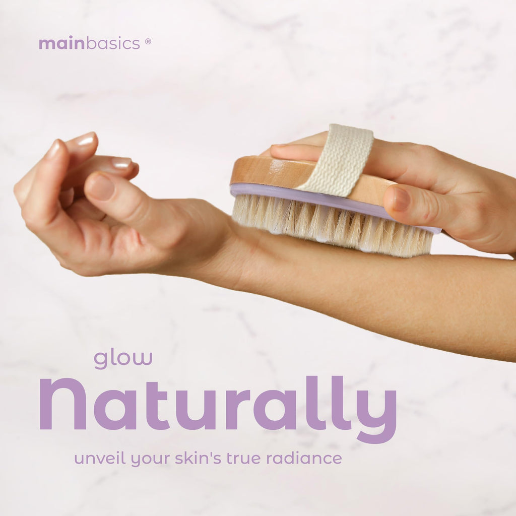 MainBasics Dry Brushing Body Brush | Lymphatic Drainage, Dry Skin, Cellulite, Blood Circulation, Exfoliating Natural Bristles and Massage Nodes