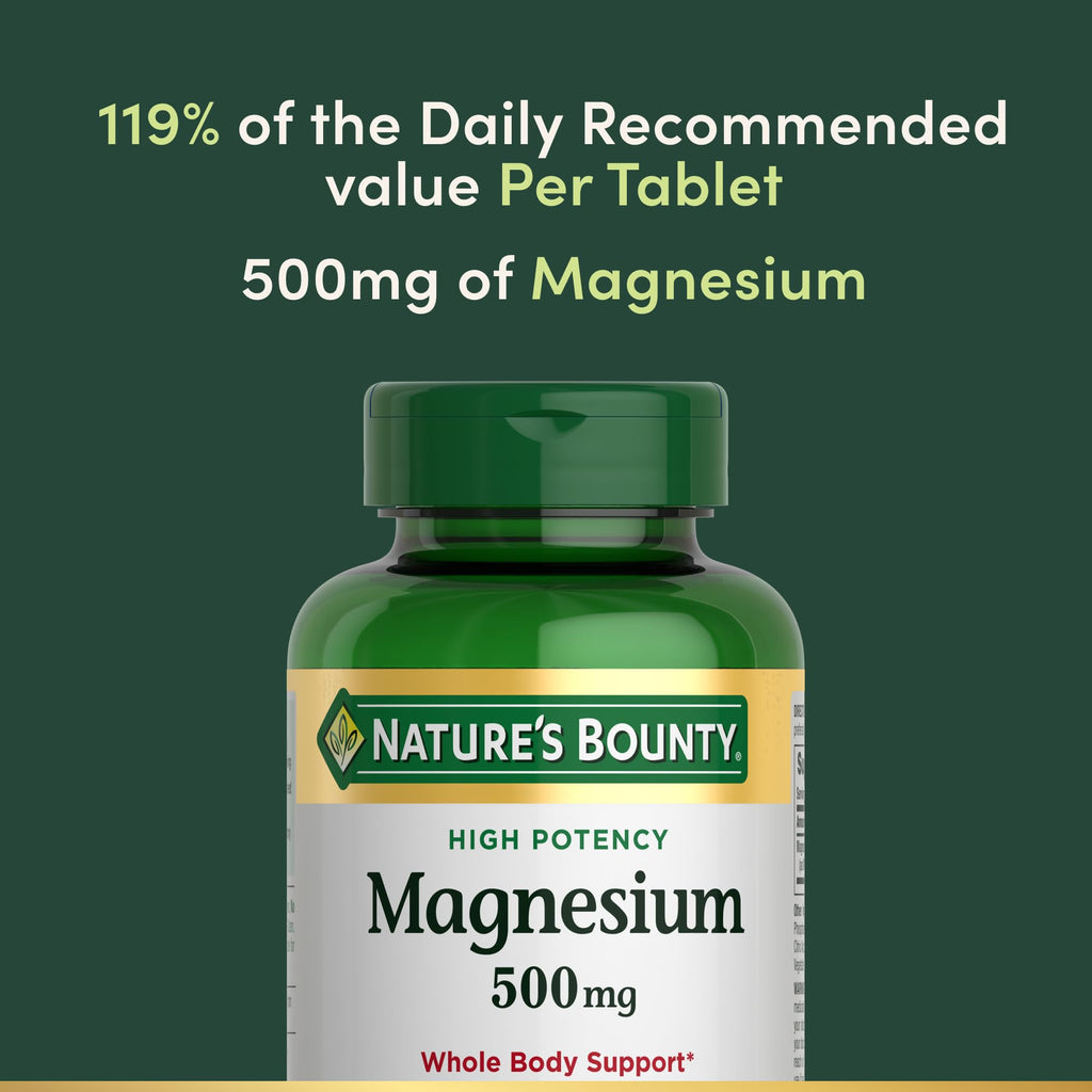 Nature's Bounty Magnesium 500 mg Tablets, High Potency Magnesium Supplement for Bone & Muscle Health, Whole Body Support, 200 Count (Pack of 1)
