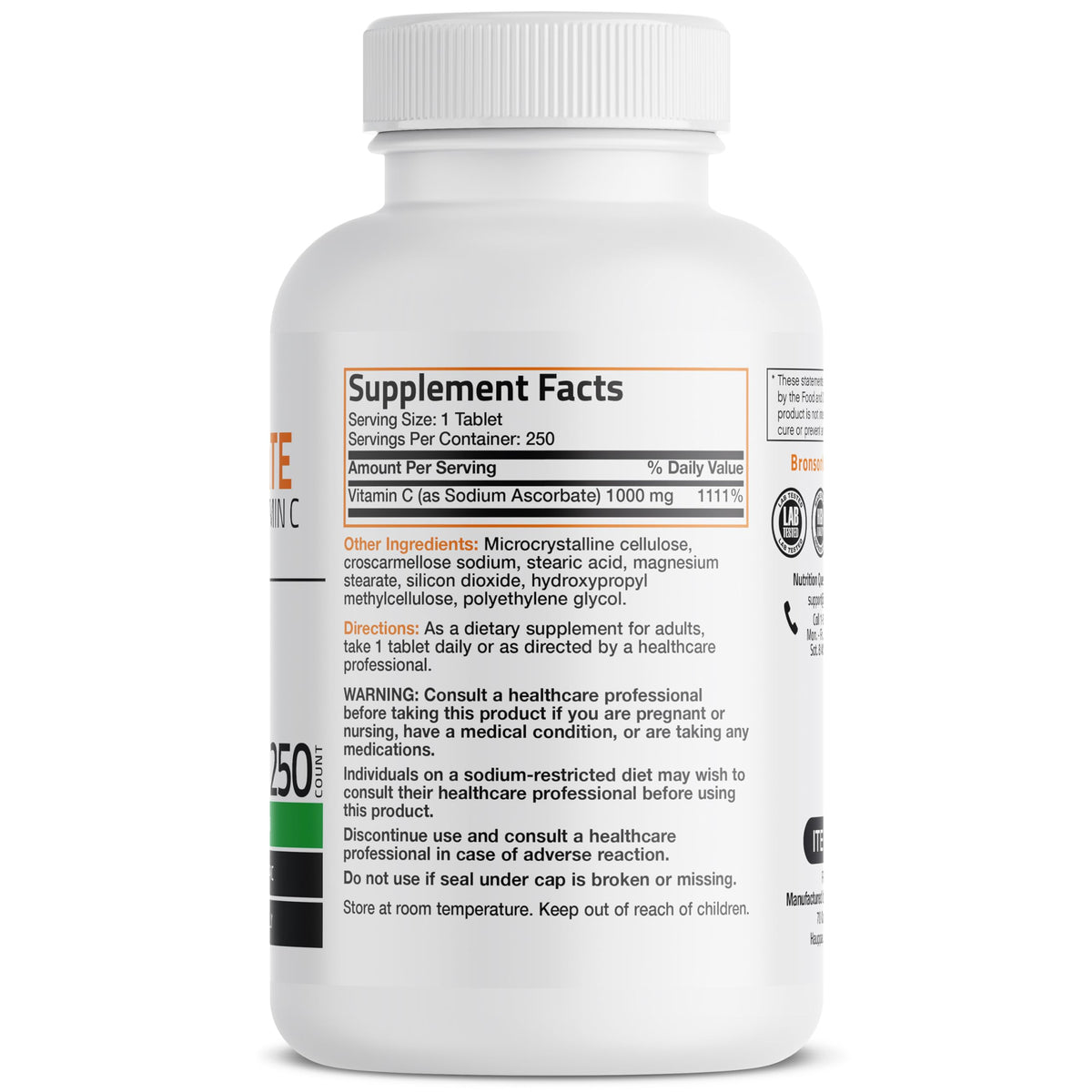 Bronson Non-Acidic Vitamin C 1000 mg as Sodium Ascorbate, 250 Tablets