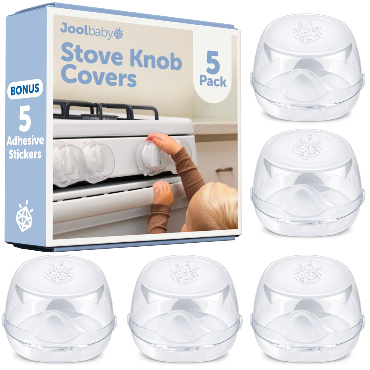 Jool Baby Clear Stove Knob Covers (5 Pack) Child Safety Guards, Durable Design - Baby Proof