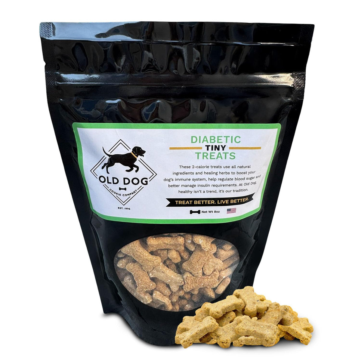 Old Dog Cookie Company Tiny Diabetic Dog Treats | All Natural, 2 Calorie, Vet Approved Pet Snacks | Top Treat for Dogs | Healthy Chews for Large, Medium & Small Breeds | 8 oz