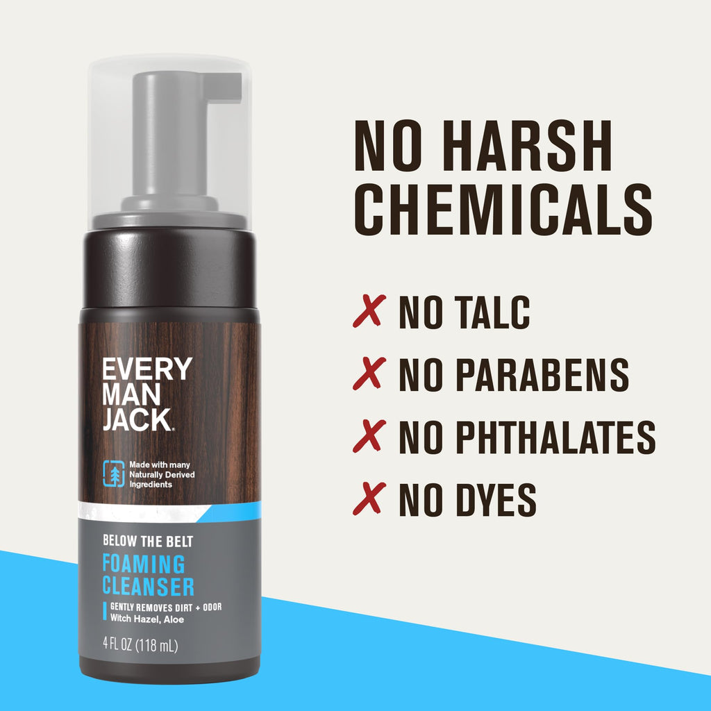 Every Man Jack Mens Foaming Groin Wash - Gentle Cleanser for Below The Belt - Made w/ Naturally Derived Ingredients like Witch Hazel & Aloe Vera - 4 Fl Oz (1 Pack)