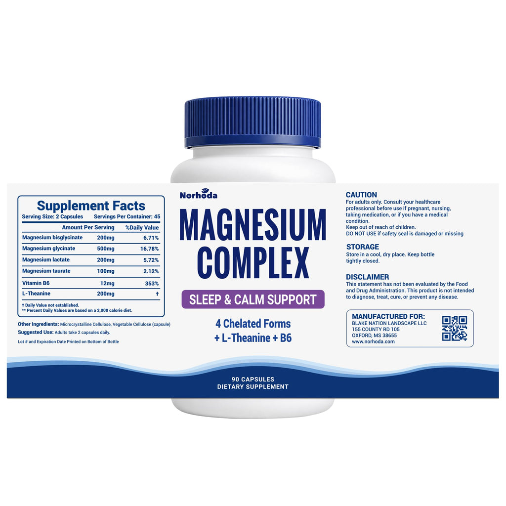 Magnesium Glycinate Complex 1000mg for Women and Men, Sleep and Calm Support, Stomach Friendly, 6 in 1 Chelated with Magnesium Glycinate, Bisglycinate, Lactate, Taurate, L Theanine and B6, 90 Capsules