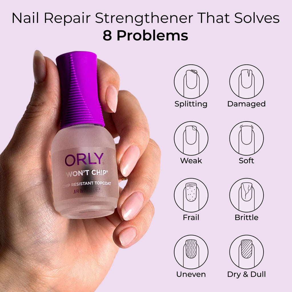 ORLY Won’t Chip Protective Topcoat | Polymer Formula for Long-Lasting, Chip-Resistant Manicures | Seals & Protects Nail Colour | High Shine Finish | Durable Wear Nail Polish Top Coat (18 ml)