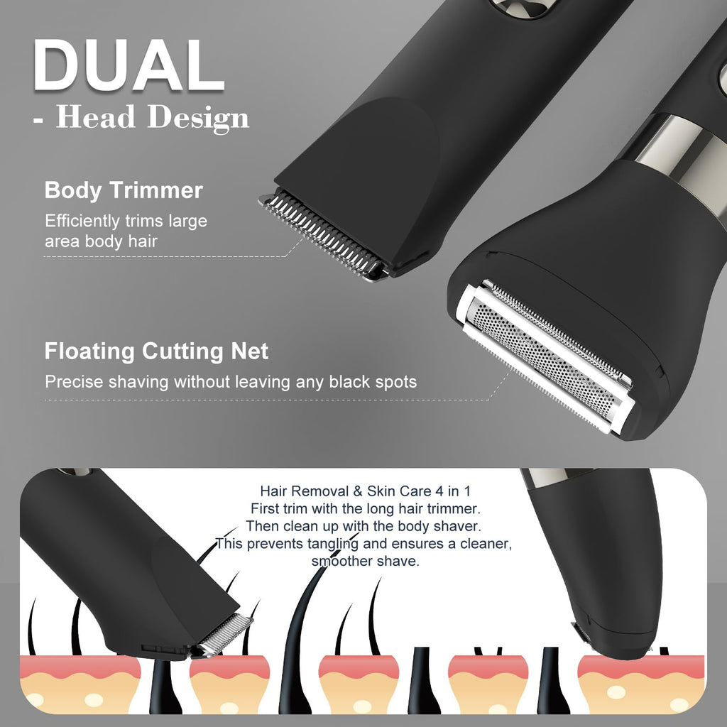Hatteker 4 in 1 Multifunctional Dual - Head Body Hair Trimmer for Men, IPX7 Waterproof Groin & Body Hair Groomer, Rechargeable Body Electric Shaver Razor