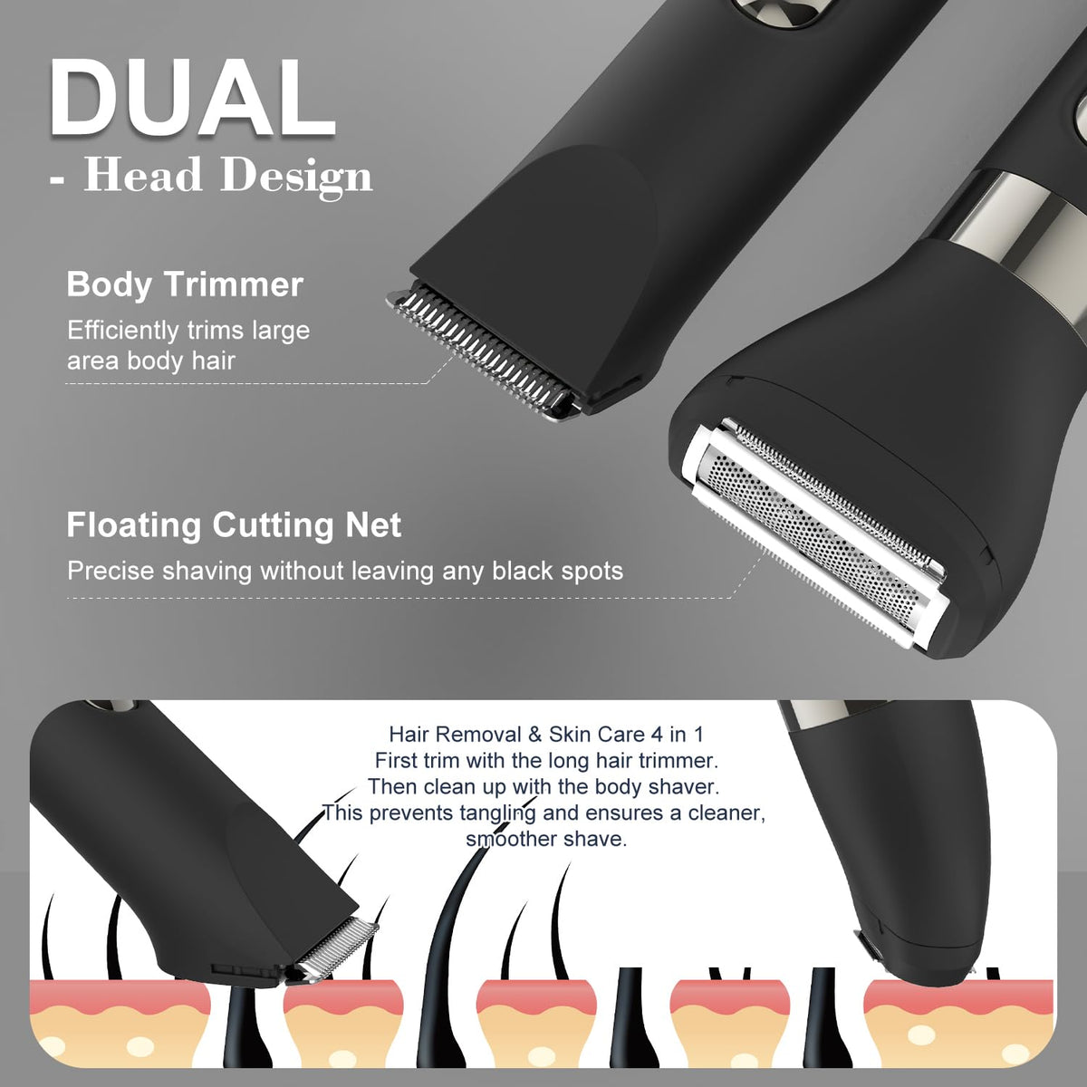 Hatteker 4 in 1 Multifunctional Dual - Head Body Hair Trimmer for Men, IPX7 Waterproof Groin & Body Hair Groomer, Rechargeable Body Electric Shaver Razor