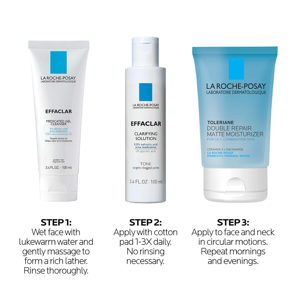 La Roche-Posay Effaclar Daily Acne Kit with Cleanser, Toner & Moisturizer | Salicylic acid acne cleanser, pore refining toner, and matte face moisturizer for oily and combination skin. Oil-free.