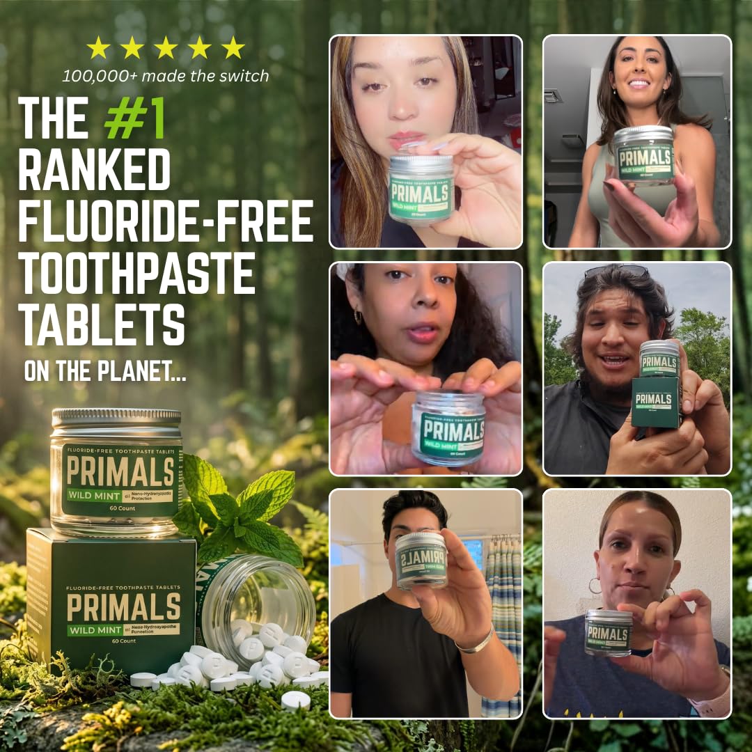 PRIMALS Fluoride-Free Toothpaste Tablets - Nano Hydroxyapatite - Zero Artificial Flavors or Plastic - Remineralizes & Whitens Teeth - 60 Count (1 Month Supply)