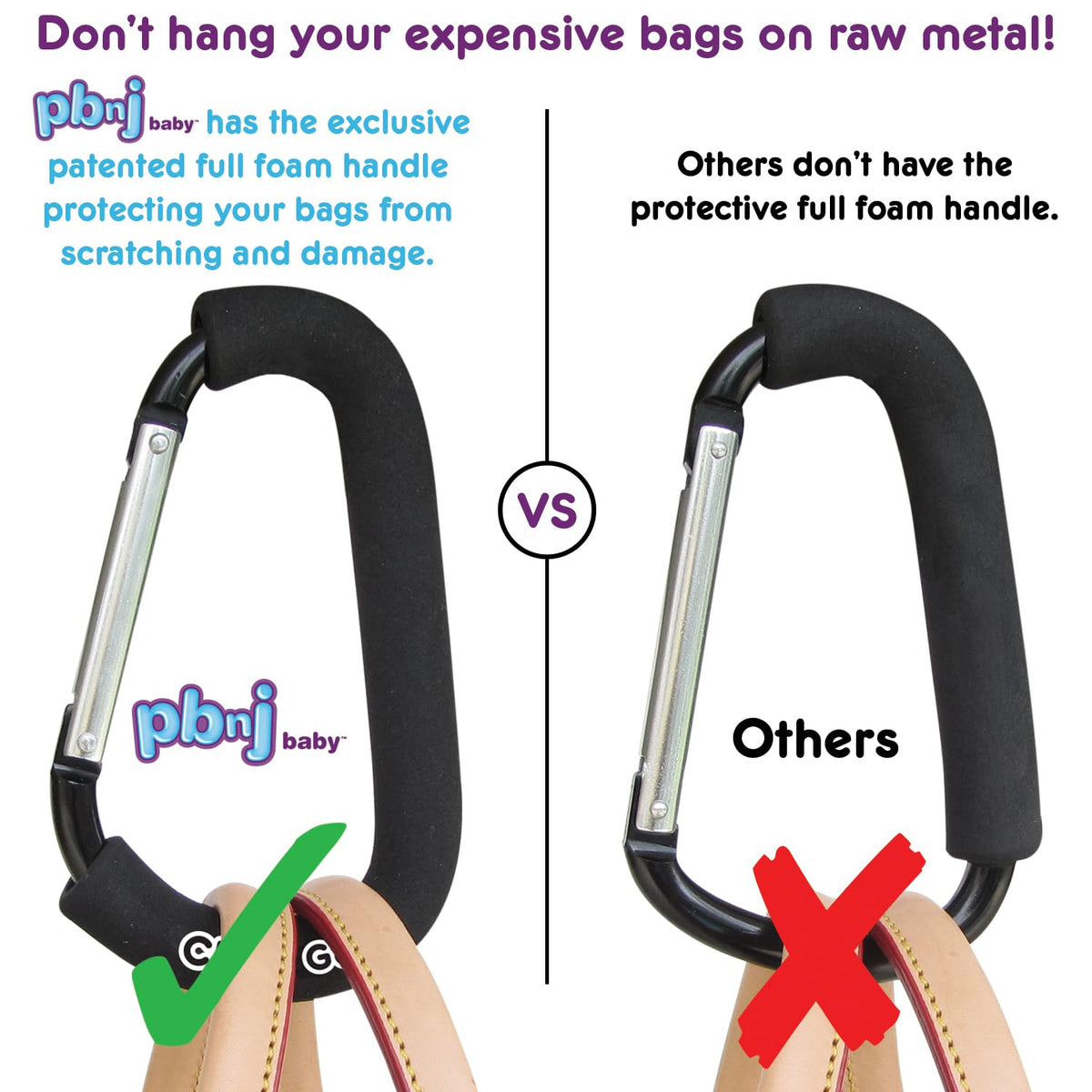 PBnJ Baby Stroller Hooks, Large Carabiner Clip, Diaper Bag Purse, 2 Pack