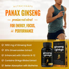 NutraChamps Korean Red Panax Ginseng Capsules with Ginkgo Biloba Extra Strength 20% Ginsenosides for Energy, Focus, Vitality & Immune Support Ginseng Root Extract Supplement for Men (90, Premium Gold)