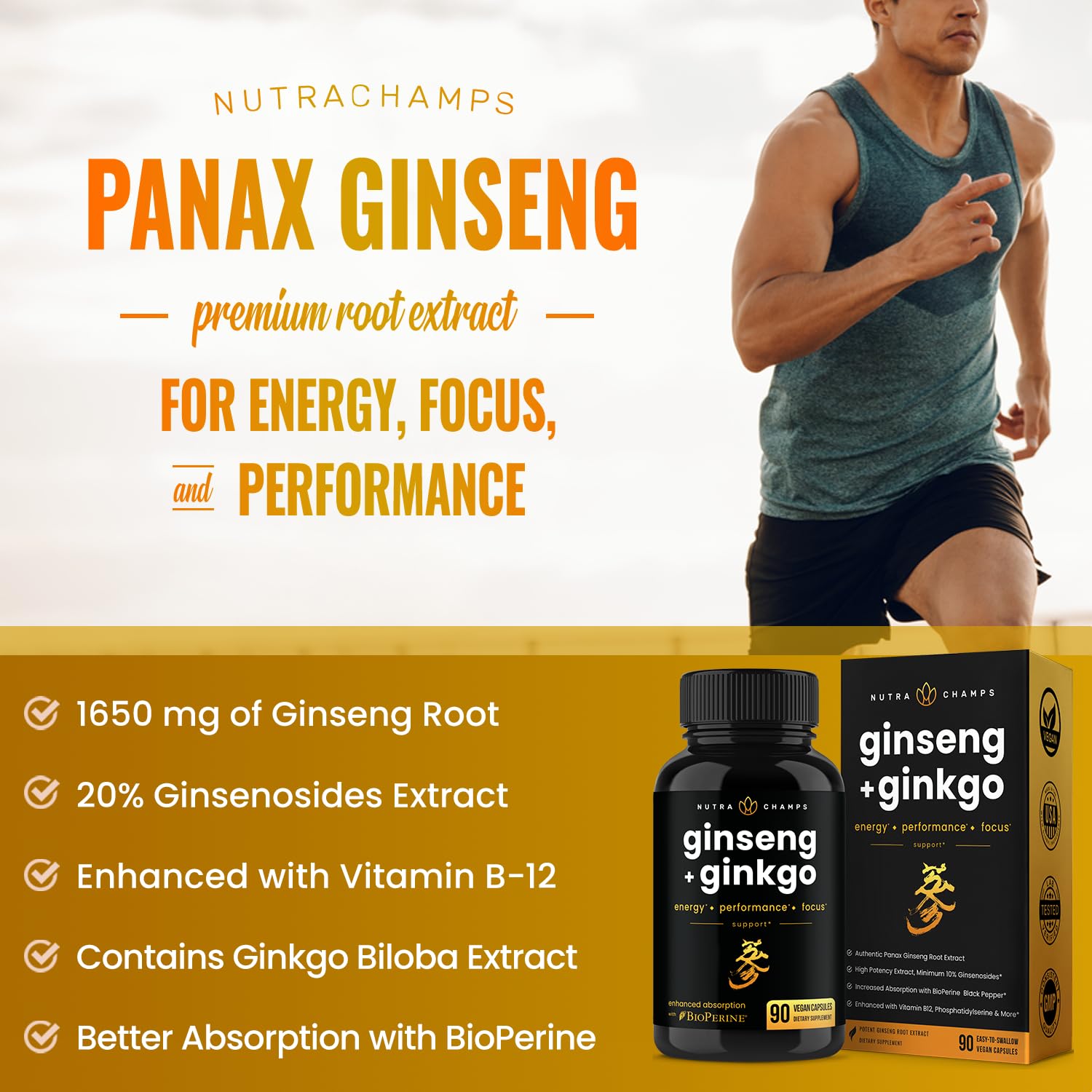 NutraChamps Korean Red Panax Ginseng Capsules with Ginkgo Biloba Extra Strength 20% Ginsenosides for Energy, Focus, Vitality & Immune Support Ginseng Root Extract Supplement for Men (90, Premium Gold)