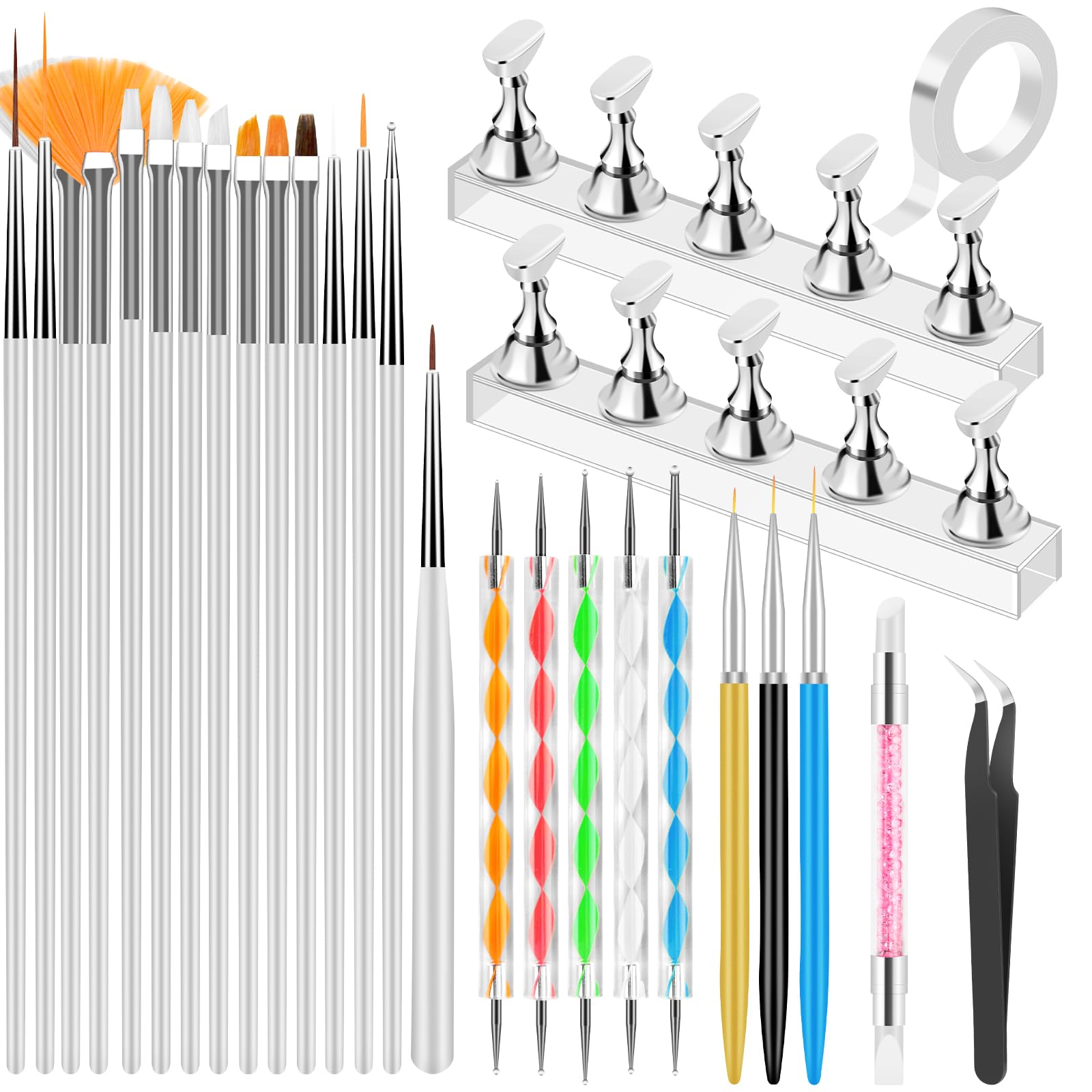 YOOVR 28-In-1 Nail Art Tools with Nail Stand Holder for Press on Painting | Nail Art Brushes, French Tip Liner Brushes, Dotting Tools, Must Have Design Tools Supplies for Nail Tech & Beginners (Pink)