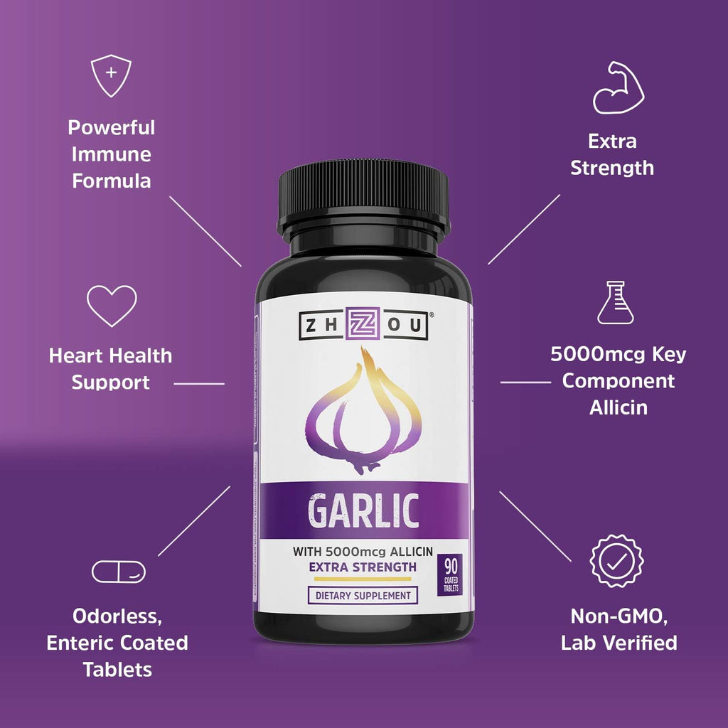 Buy now Zhou Garlic with Allicin - Garlic Supplements, Odorless Garlic Extract Pills for Men & Women, 5000 mcg Allicin Per Tablet for Immune & Heart Health - 90 Coated Tablets (Pack of 1) at indiglob india