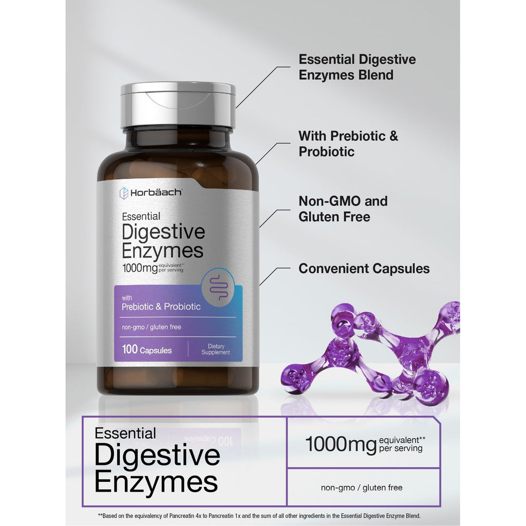 Horbäach Essential Digestive Enzymes | 100 Capsules | Enzyme Blend for Men & Women | Non-GMO & Gluten Free Supplement