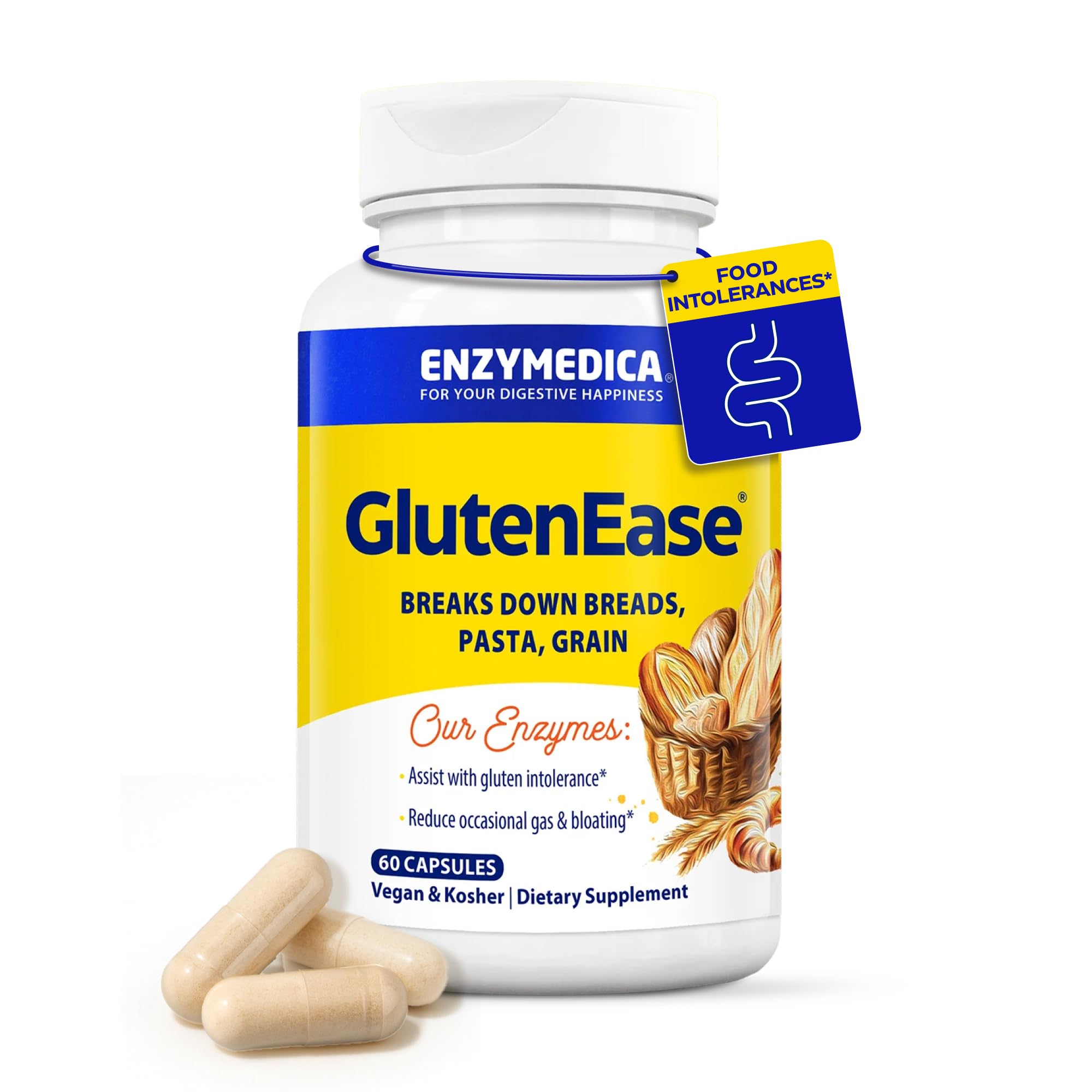 Enzymedica GlutenEase, Helps Gas & Bloating - 60 Capsules | Digestive Enzyme Supplement for Women & Men, Gluten & Casein Sensitivity Support, Enzymes for Digestion & Gut Health