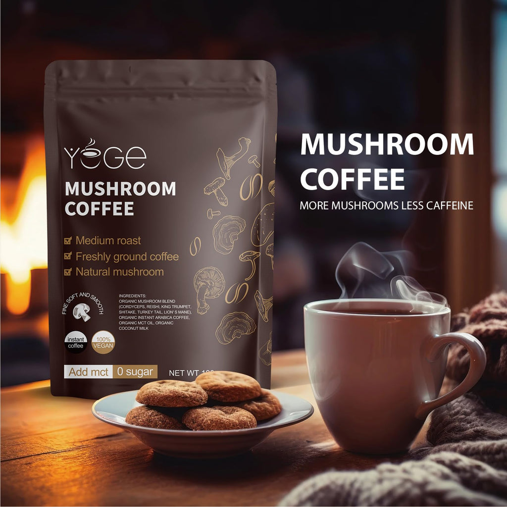 Mushroom Coffee, Instant Mushroom Coffee with Cordyceps, Reishi, King Trumpet, Shiitake, Turkey Tail, Lions Mane for Energy, Focus, Positive Mood & Immune Support (30 Servings)