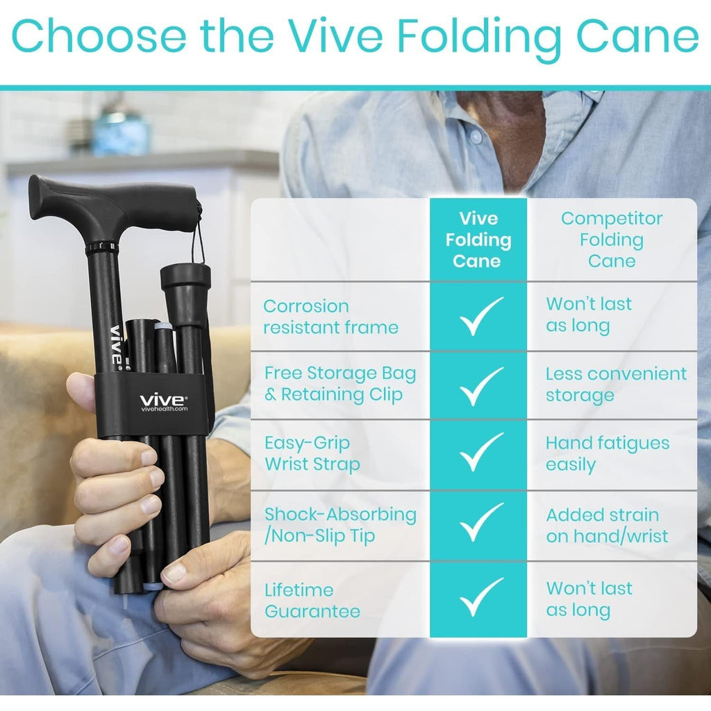 Buy now Vive Folding Cane - Foldable Walking Cane for Men, Women - Fold-up, Collapsible, Lightweight, Adjustable, Portable Hand Walking Stick - Balancing Mobility Aid - Comfortable Ergonomic Handle at indiglob india