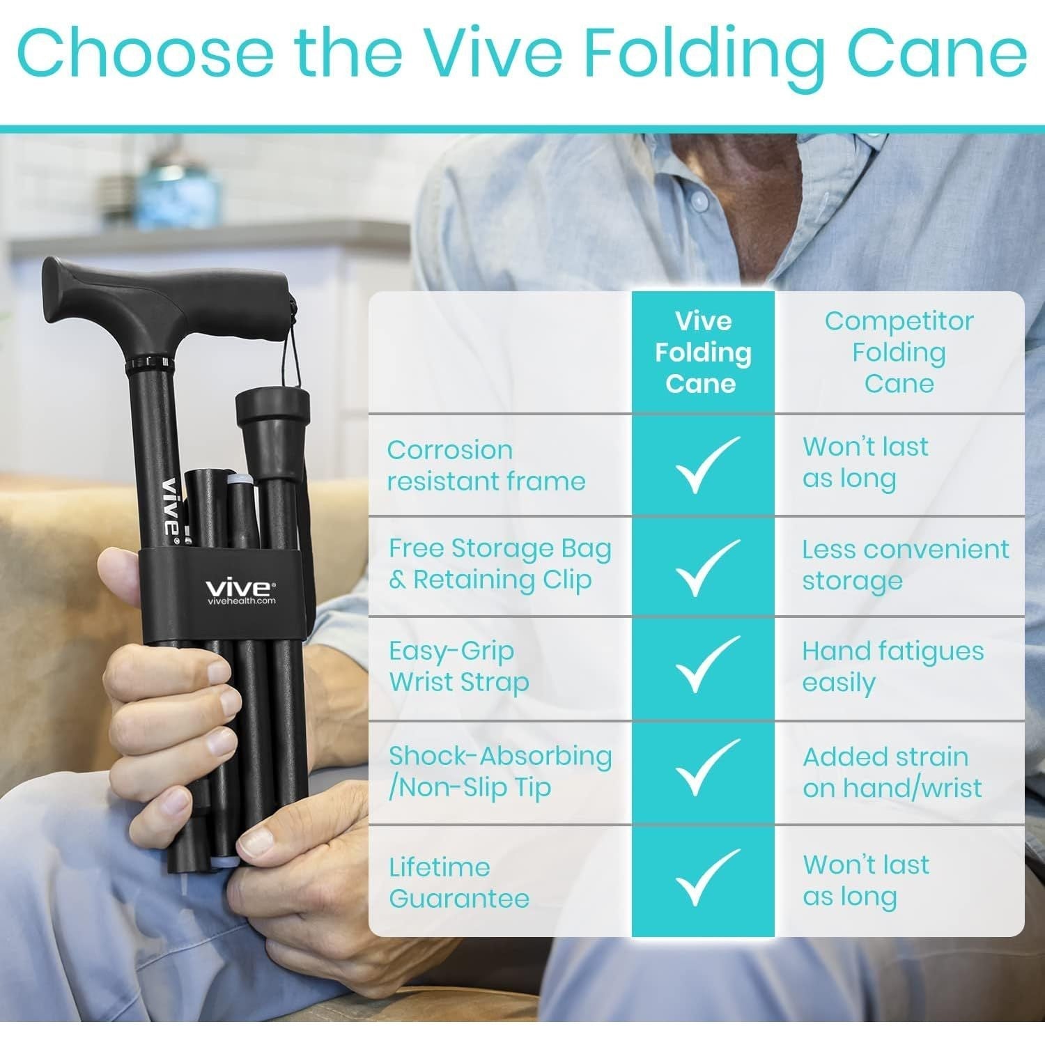 Buy now Vive Folding Cane - Foldable Walking Cane for Men, Women - Fold-up, Collapsible, Lightweight, Adjustable, Portable Hand Walking Stick - Balancing Mobility Aid - Comfortable Ergonomic Handle at indiglob india