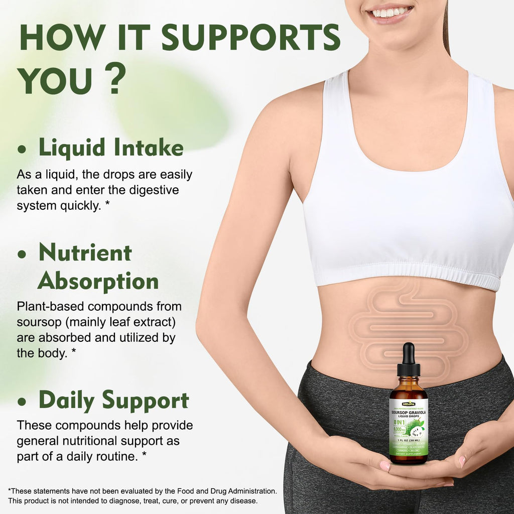 Herbs 8-in-1 Soursop Graviola Bitters Liquid Drops, 1 fl oz | Soursop Leaf Extract Drops, Sea Moss, Ashwagandha & Turmeric, Immune, Liver, Antioxidant & Sleep Support, Alcohol-Free