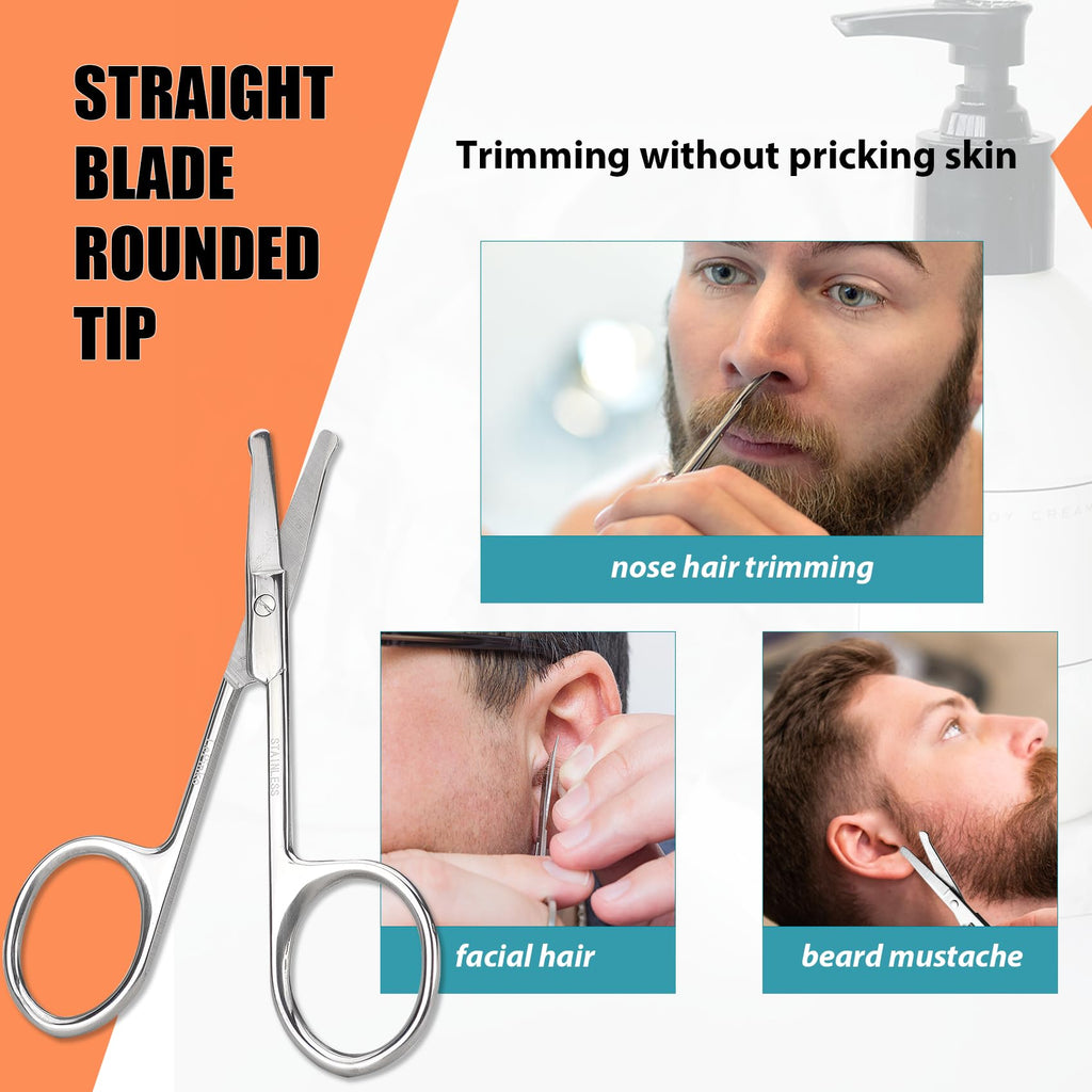 Facial Hair Small Grooming Scissors For Men Women, 2PCS Silver | Eyebrow, Nose Hair, Mustache, Beard, Eyelashes, Ear Trimming Kit, Curved and Rounded Safety Tip, Hair Cutting Clippers
