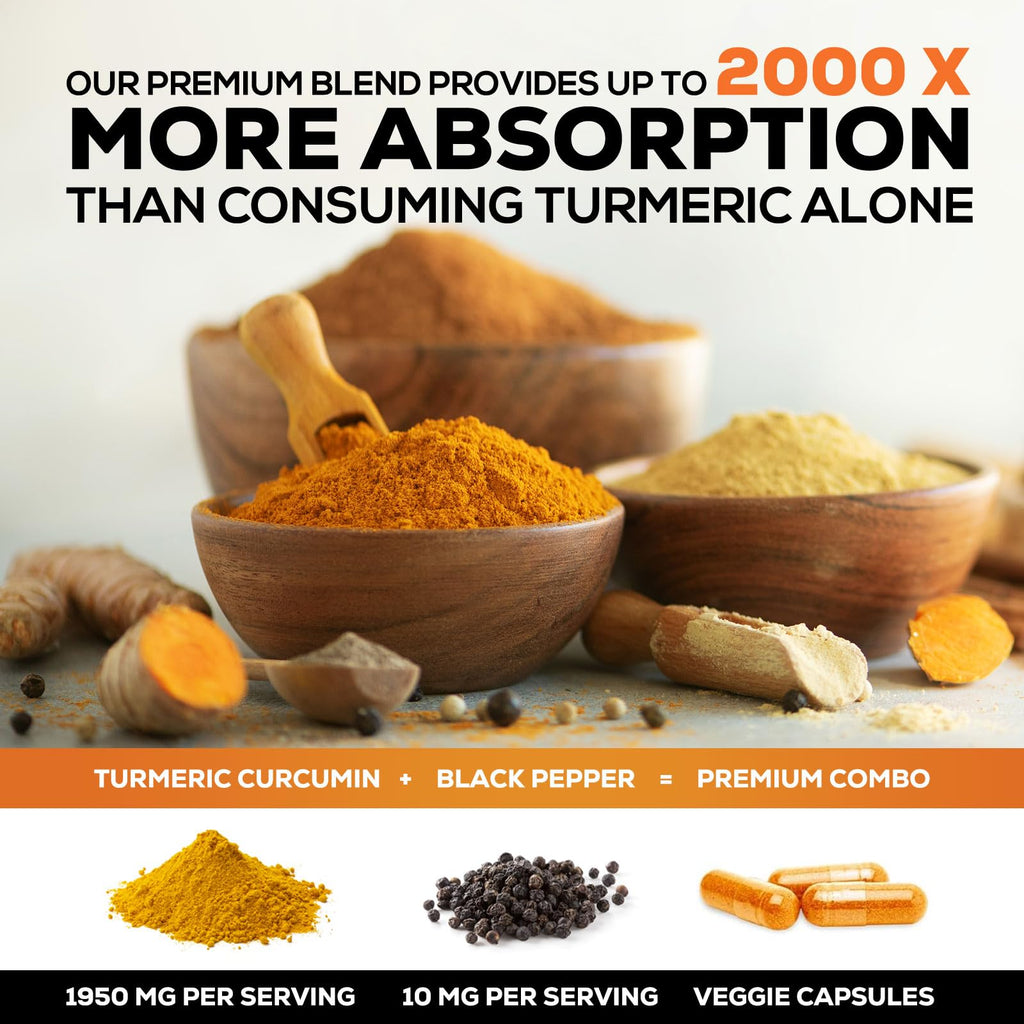 Turmeric Curcumin Supplement 95% Curcuminoids 1950mg with Organic Turmeric & BioPerine Black Pepper Extract for Best Absorption, Natural Vegan Joint Support, Non-GMO, Bottled in USA - 120 Capsules