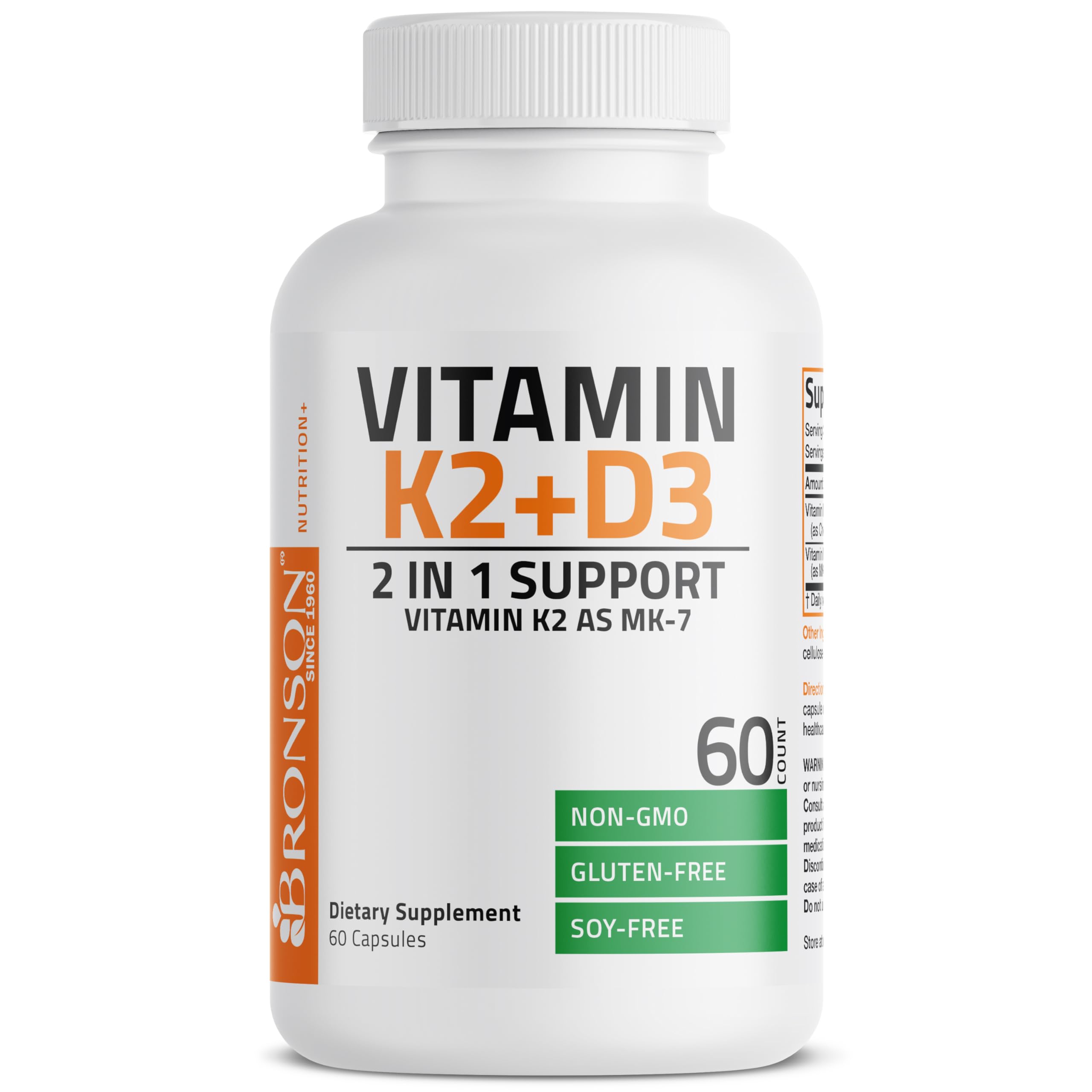 Bronson Vitamin K2 D3 (MK7) Supplement 2-in1 D3 & K2 Complex, 60 Capsules | Bone, Immune & Heart Health Support, Gluten Free, Soy Free, Non-GMO, Vitamin D3 5000IU (125 mcg) & 90 mcg K2 MK-7