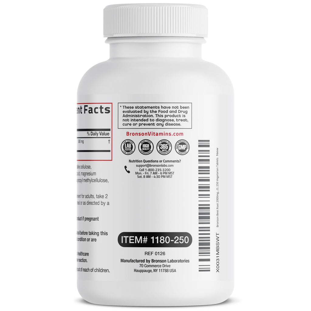 Bronson Beet Root Extra Strength, Non-GMO, 250 Vegetarian Tablets | Gluten-Free, Soy-Free, GMO-Free, Easy To Swallow