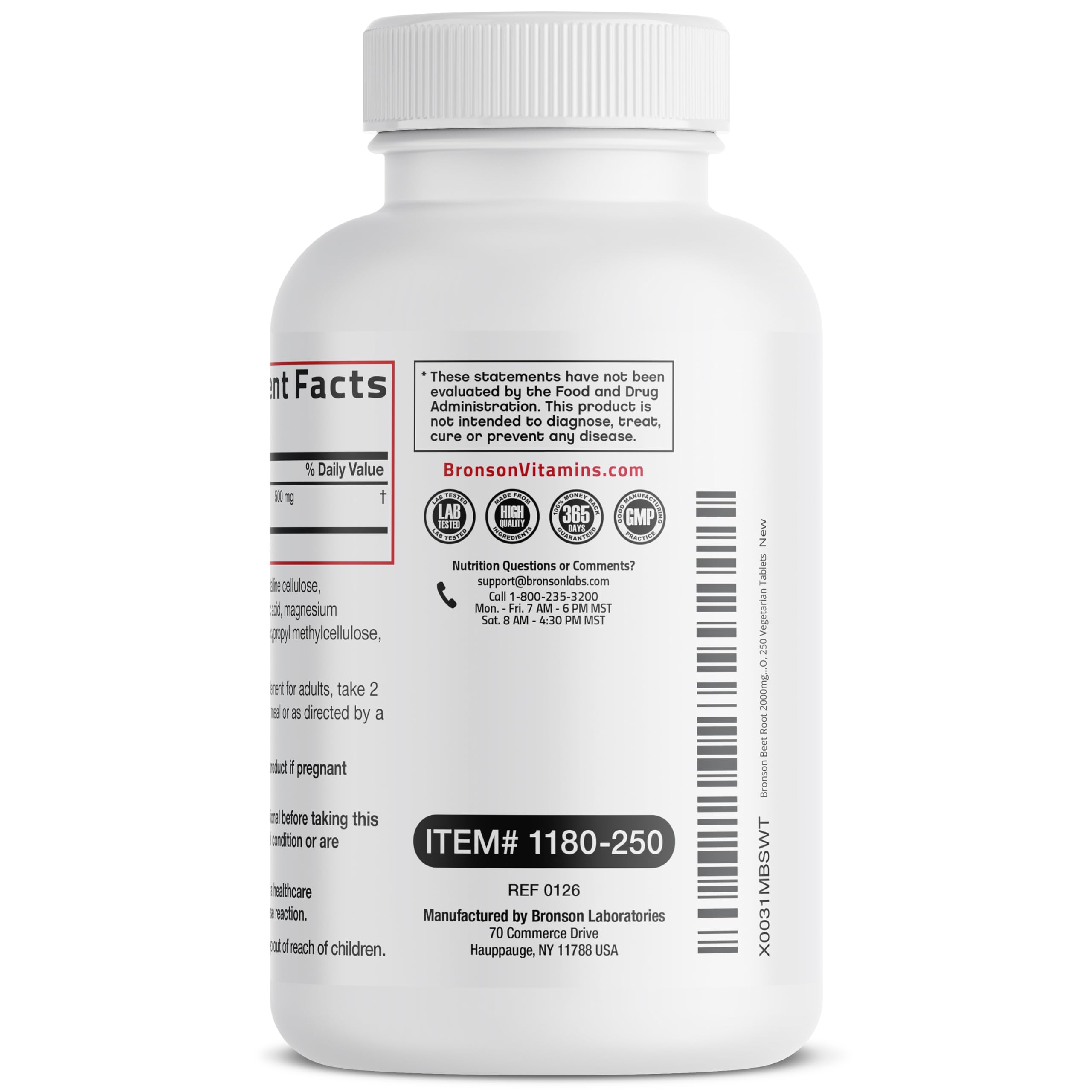 Bronson Beet Root Extra Strength, Non-GMO, 250 Vegetarian Tablets | Gluten-Free, Soy-Free, GMO-Free, Easy To Swallow