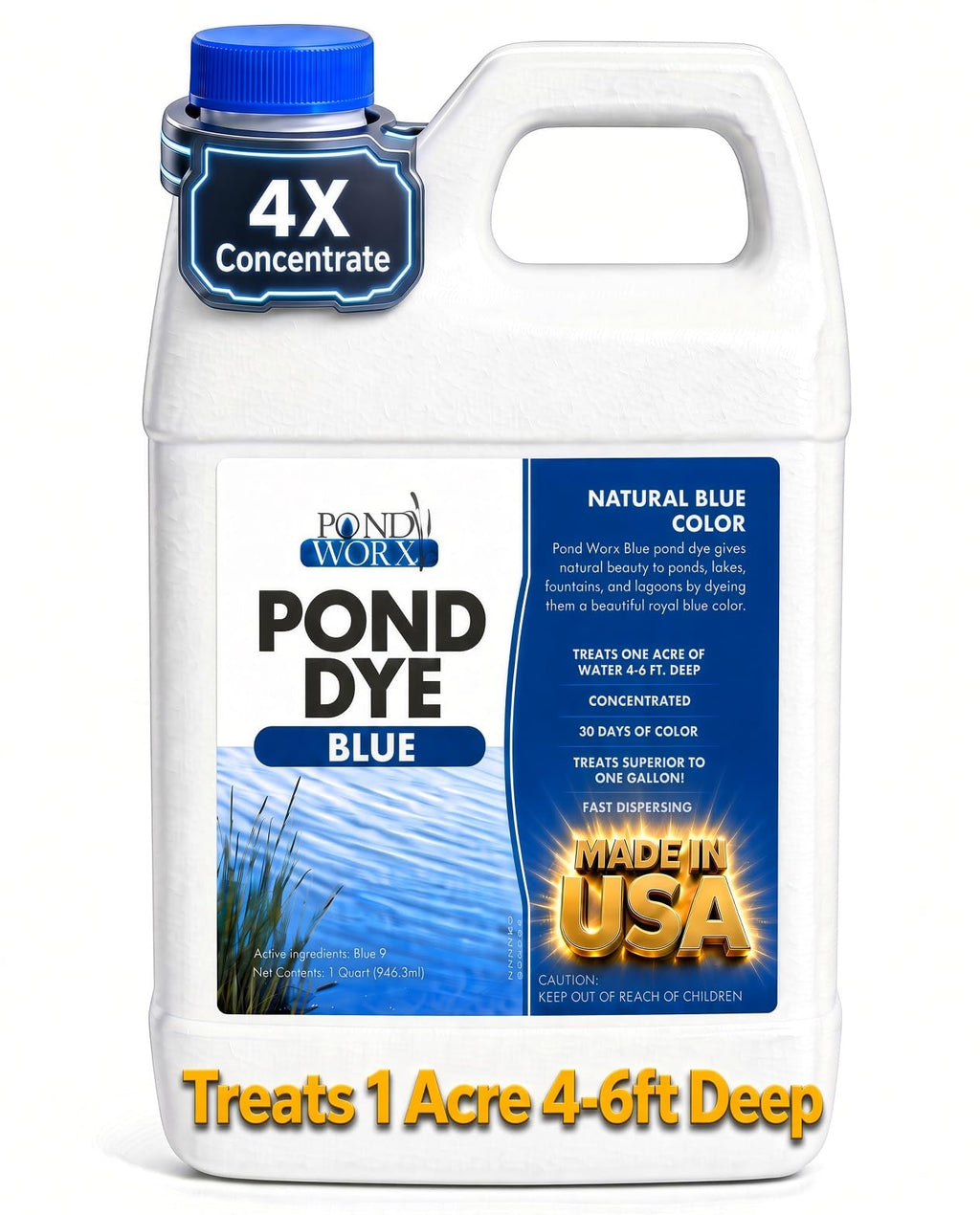 Pond Worx Blue Lake and Pond Dye - 4X Concentrated Liquid Pond Colorant - Treats up to 1 Acre - 1 Quart