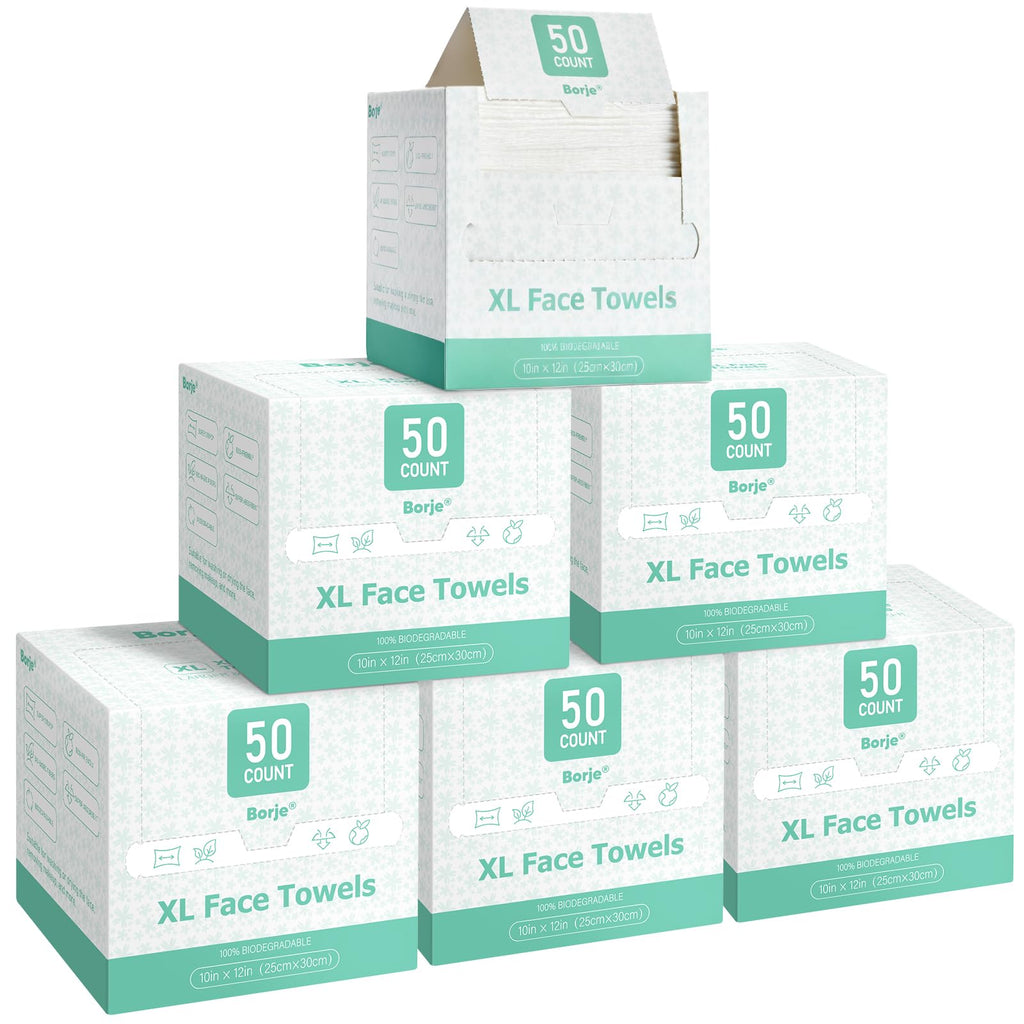 Borje Face Towels XXL, Thick Disposable Face Towel 10" x 12", 300 Count (6 Packs of 50), 100% USDA Biobased Facial Towelettes, Ultra Soft Makeup Remover Dry Wipes for Women Cleansing