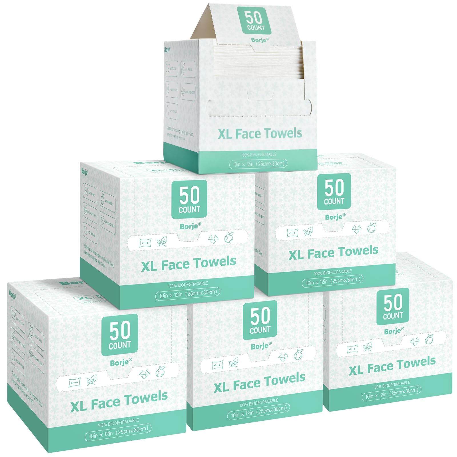 Borje Face Towels XXL, Thick Disposable Face Towel 10" x 12", 300 Count (6 Packs of 50), 100% USDA Biobased Facial Towelettes, Ultra Soft Makeup Remover Dry Wipes for Women Cleansing