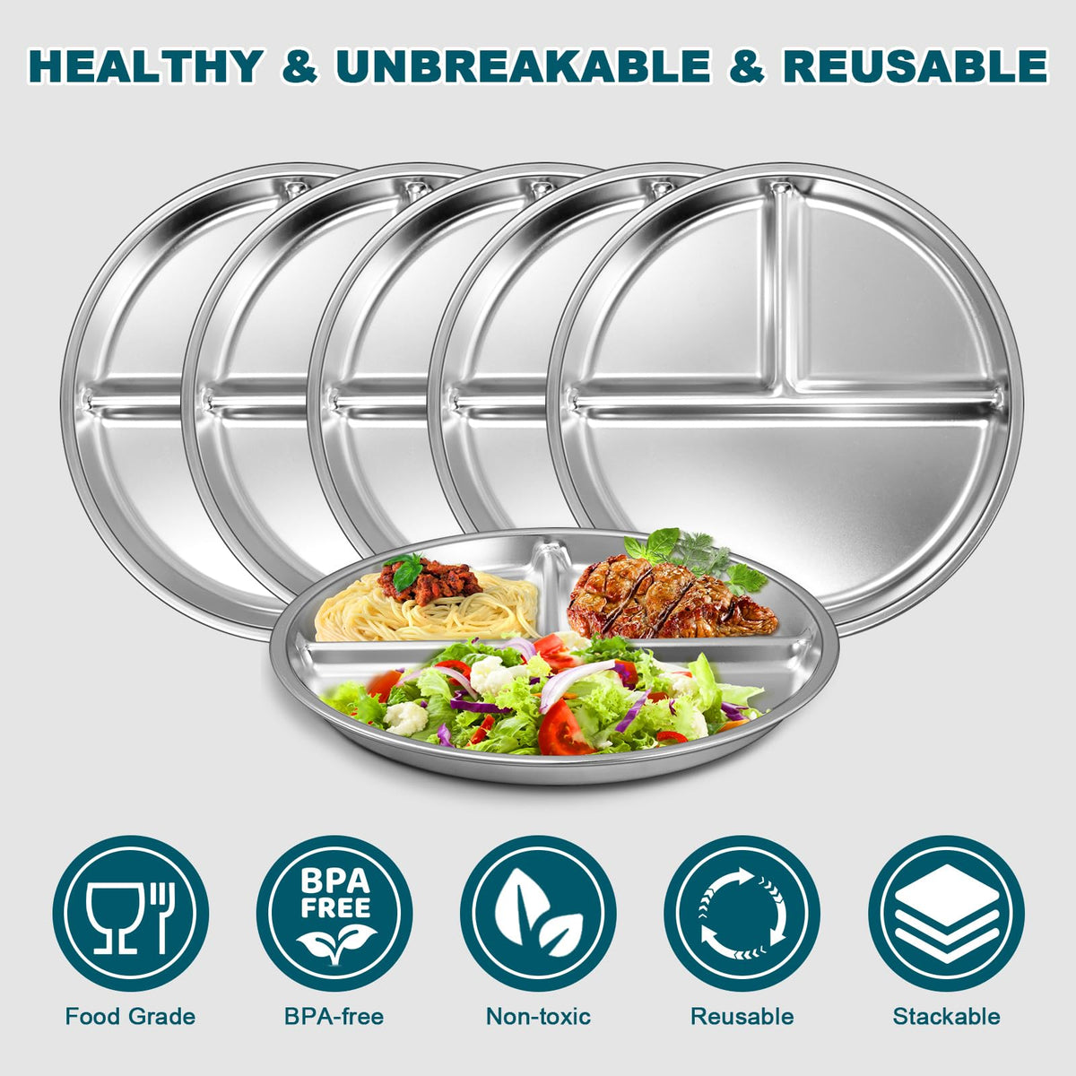 EWFEN Stainless Steel Toddler Plate Set of 6, 9" Portion Control Plates Divided Plate for Adults Kids Balance Lunch, Non Slip | Unbreakable Toddler Baby Feeding Set Dishwasher Safe