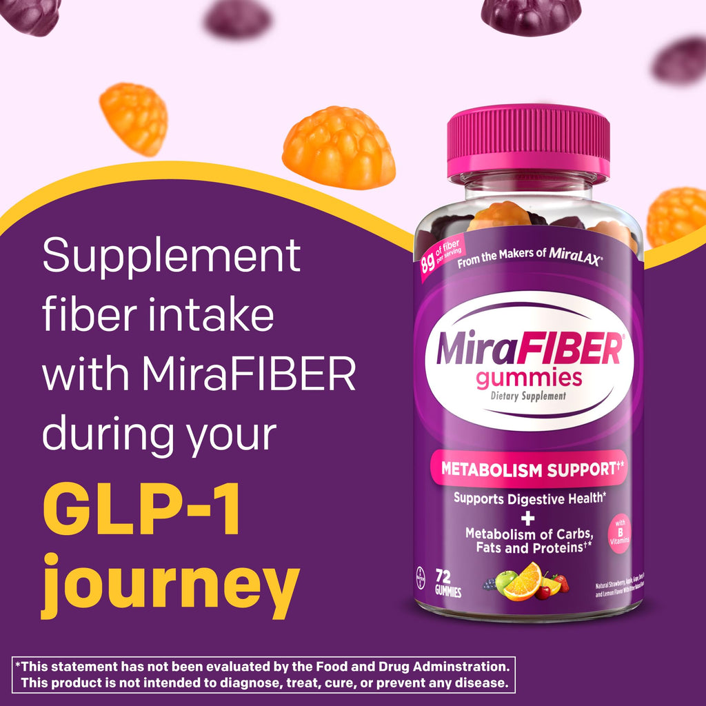 MiraFIBER Gummies, from The Makers of MiraLAX, 8g Per Serving, with B Vitamins, Metabolism Support, Gut Health for Men & Women, Prebiotic Fiber Gummies for Adults, Mixed Fruit Flavor 72Ct