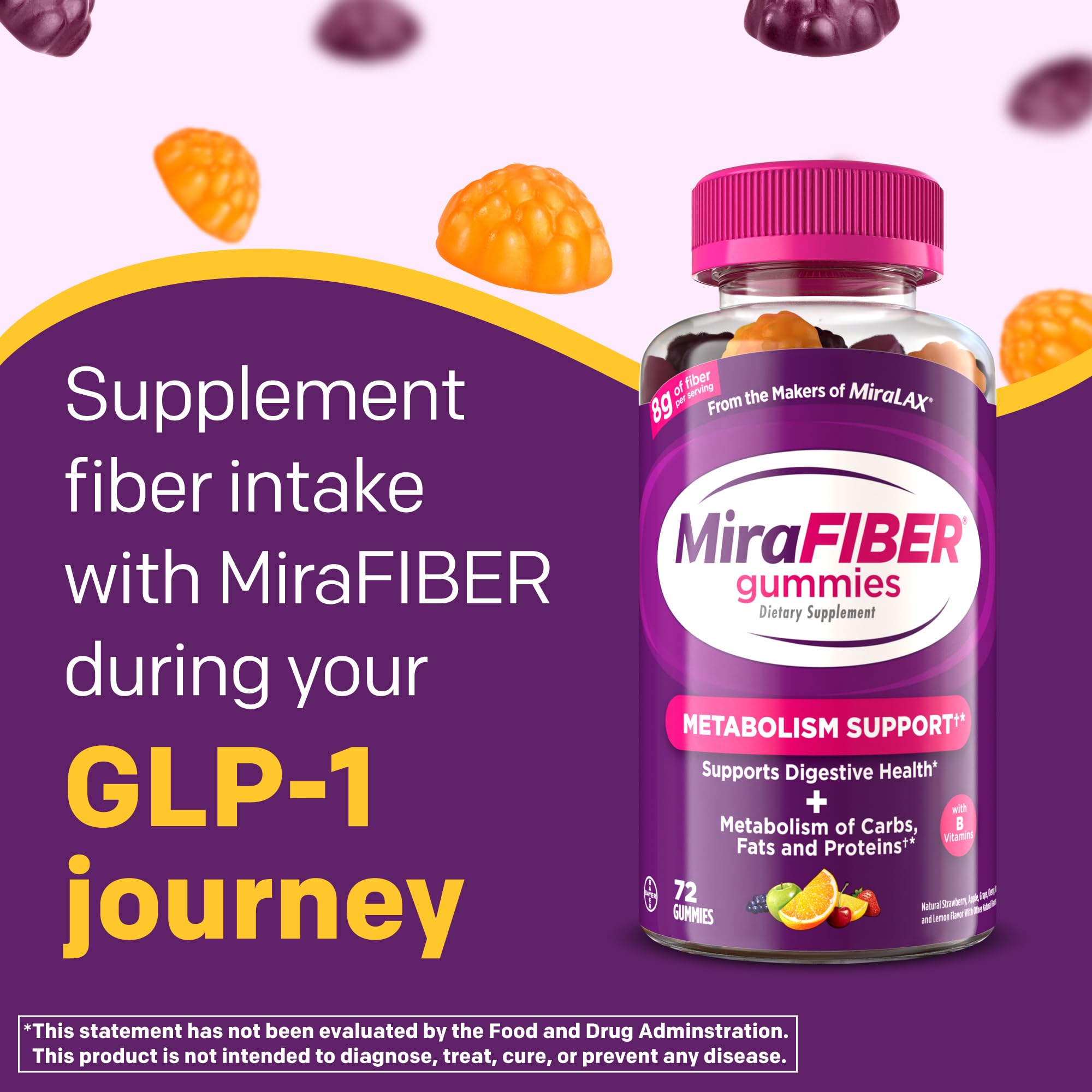 MiraFIBER Gummies, from The Makers of MiraLAX, 8g Per Serving, with B Vitamins, Metabolism Support, Gut Health for Men & Women, Prebiotic Fiber Gummies for Adults, Mixed Fruit Flavor 72Ct