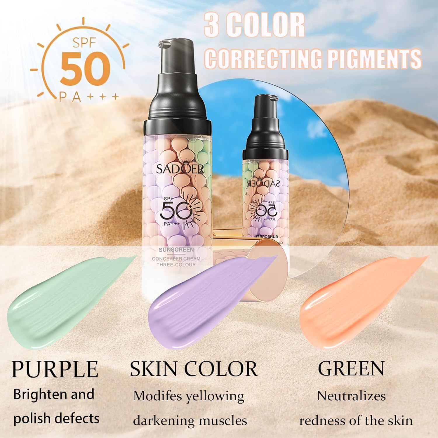 3 In 1Primer for Face Before Makeup,Sunscreen Color Corrector Primer,SPF 50 | One Step Color Corrector Face Primer,Blurs Imperfections Oil Control & Moisturizing Skin Tone Correcting,Radiance Skin