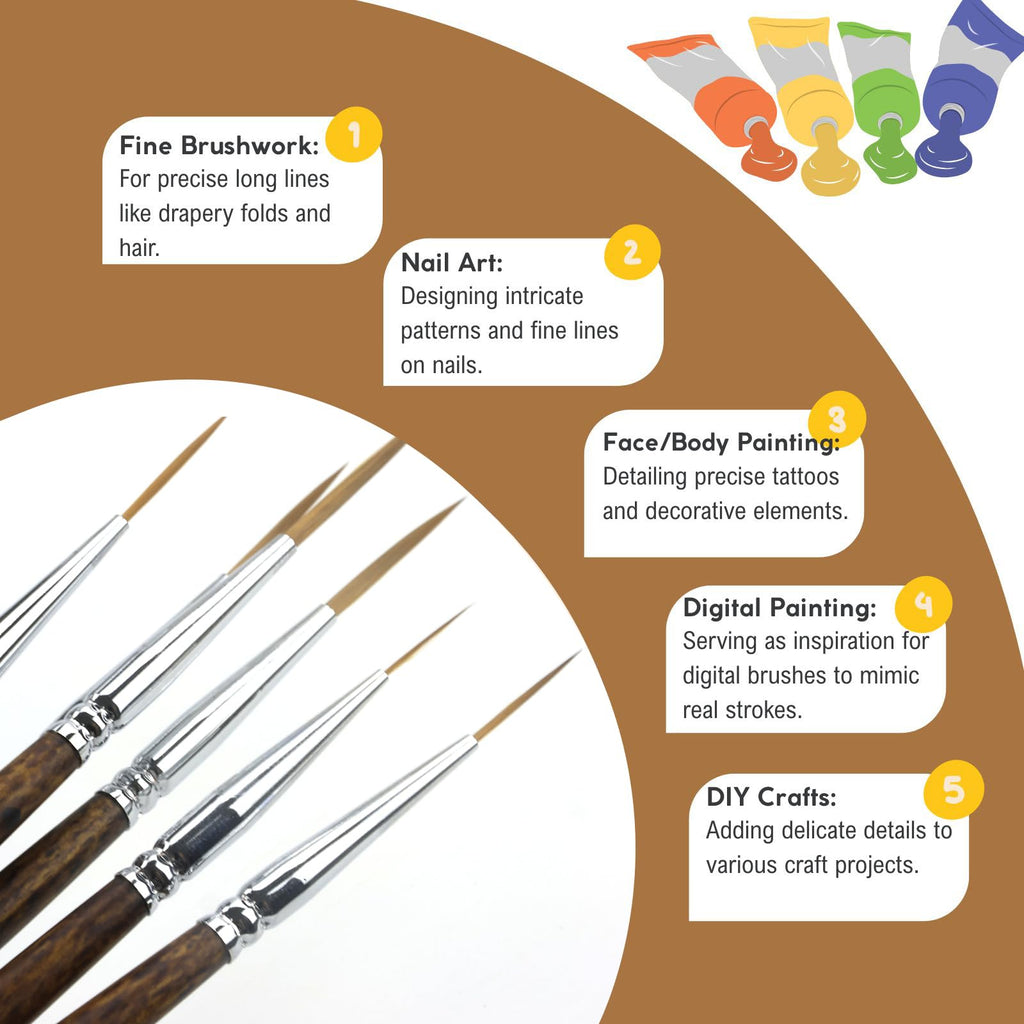 Rigger Brush Watercolor Set, 6 Long Liner Brushes for Acrylic Painting