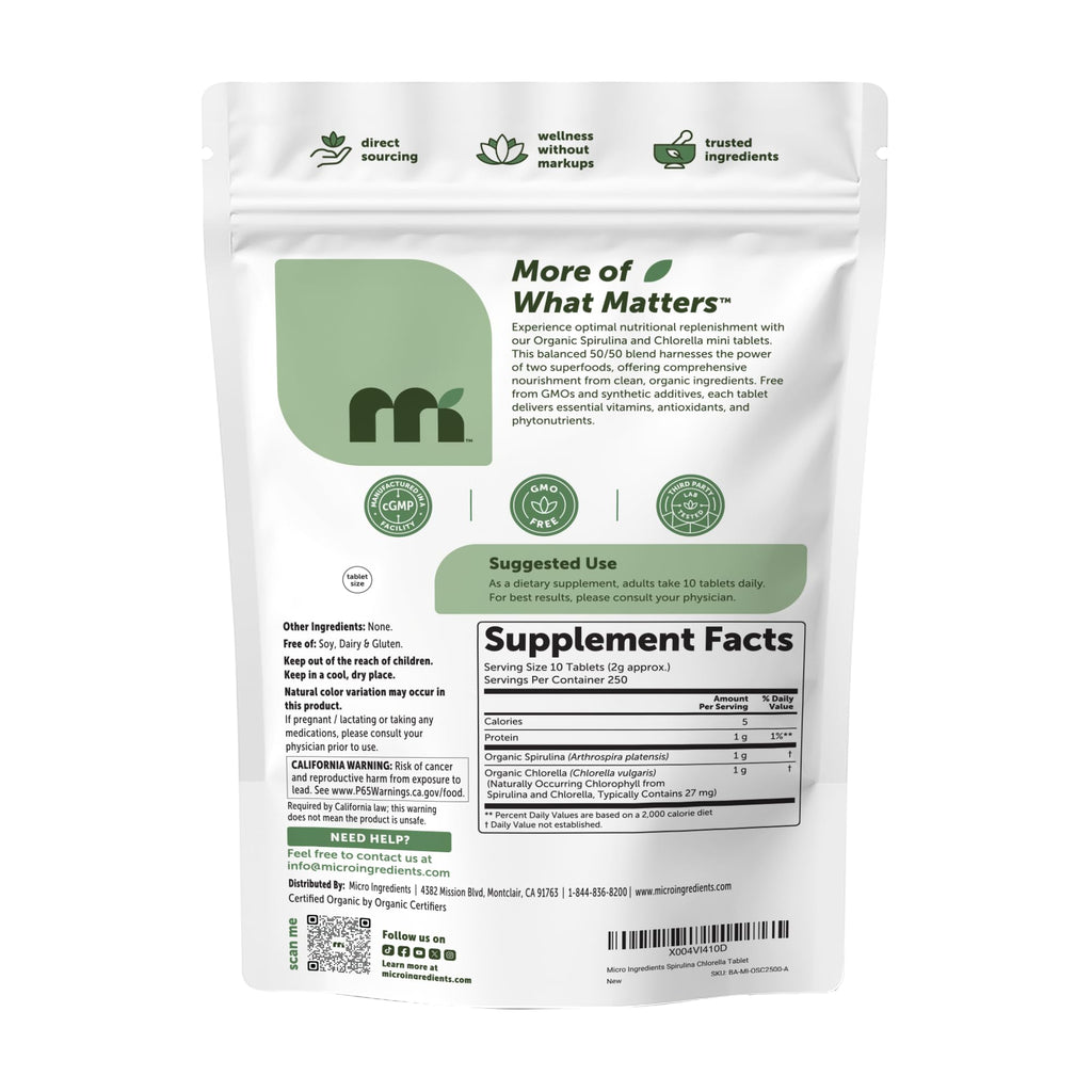 Micro Ingredients Organic Spirulina Chlorella Mini Tablets, 2,500 Tablets (8 Month Supply) | 50/50 Algae Blend | No Fillers, Non-GMO
